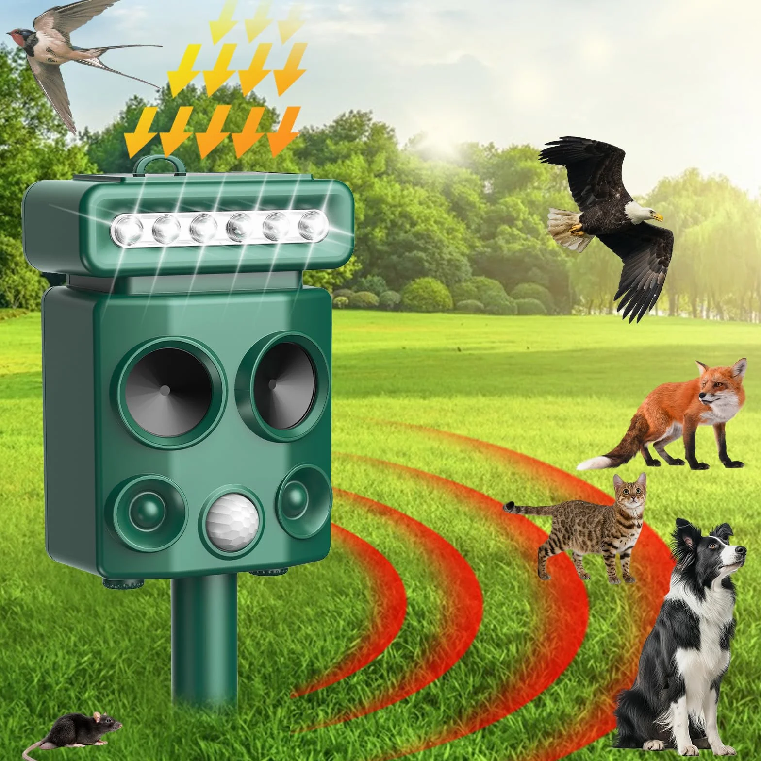 Ultradźwiękowy odstraszacz kotów IP65 solarny wodoodporny LED