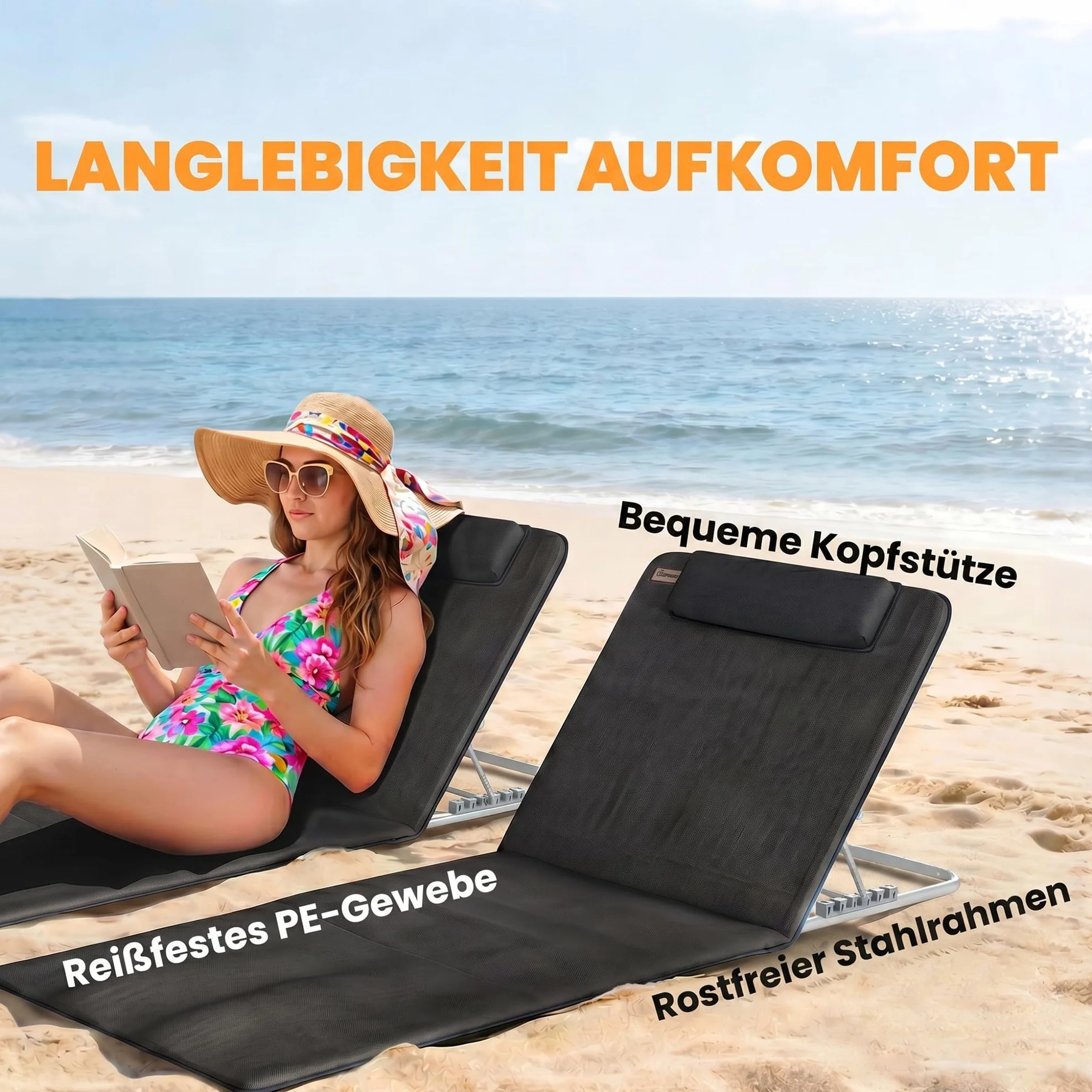 Outsunny Leżak składany ogrodowy z poduszką pod głowę, leżak z 5-stopniową regulacją oparcia, leżak plażowy z torbą do przenoszenia, krzesło ogrodowe do ogrodu, na urlop, na basen, kolor czarny