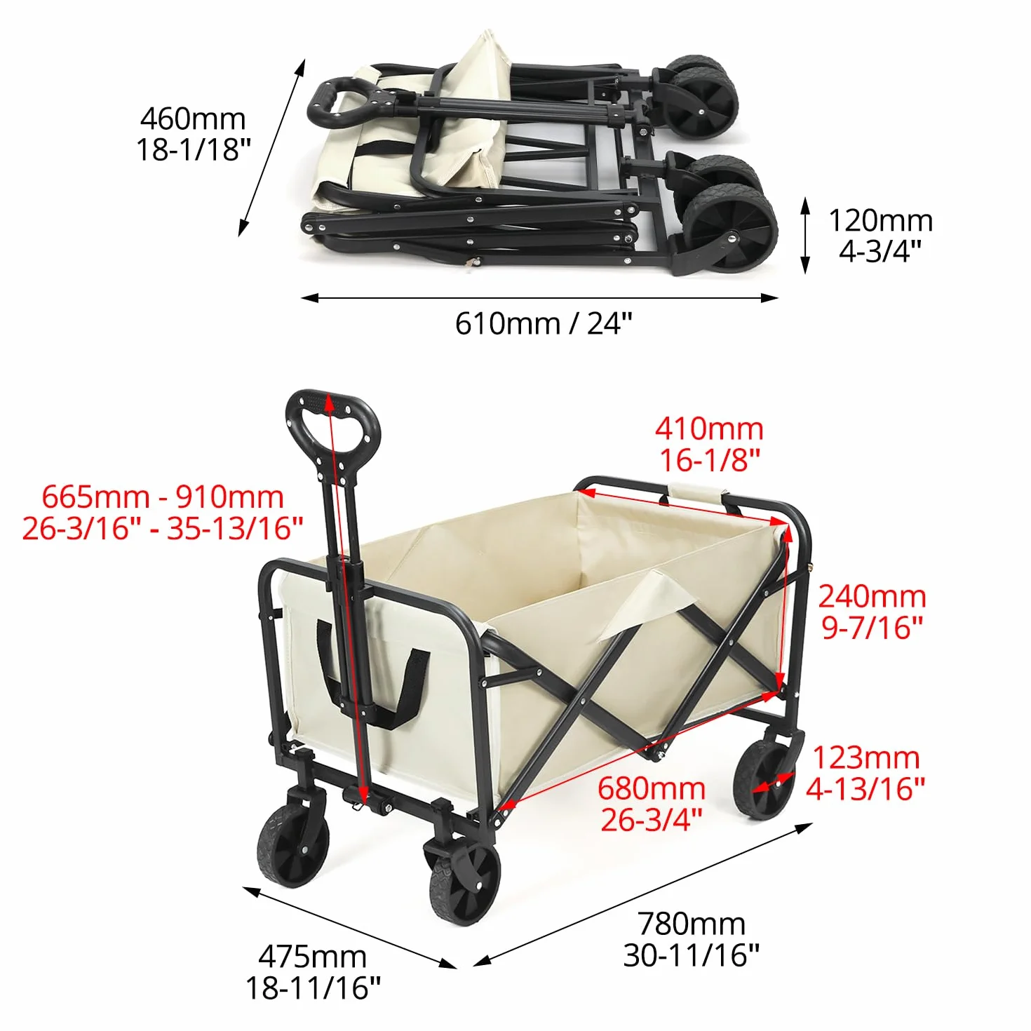 QWORK® Składany wózek ręczny na kemping, wózek plażowy, wózek transportowy z regulowanym uchwytem i boczną kieszenią, obciążenie do 80 kg