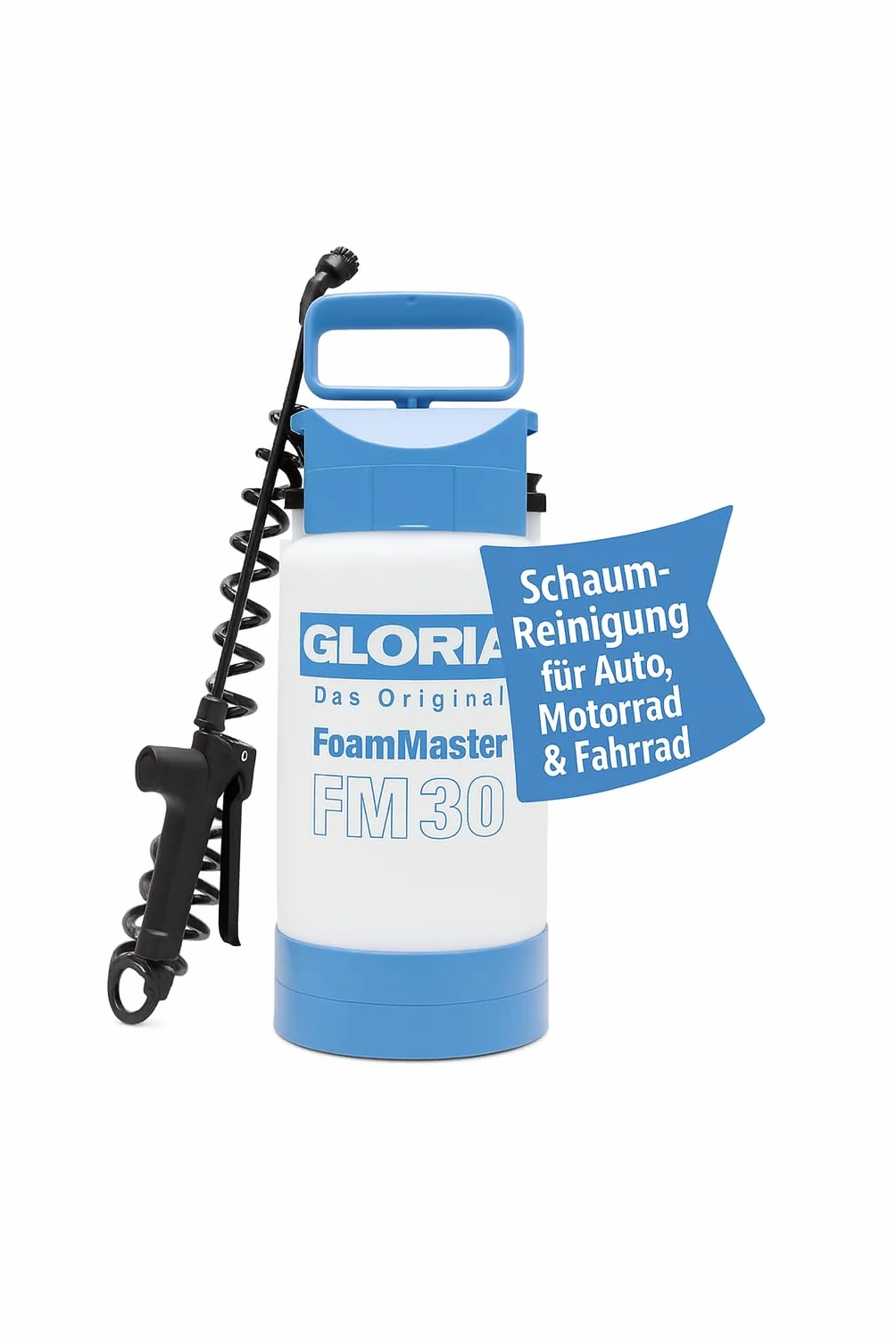 GLORIA FoamMaster FM 30 Pianownica ręczna 3 l, generator piany, wymienne końcówki pieniące, wąż spiralny 2 m, rozpylacz pod ciśnieniem do czyszczenia pojazdów