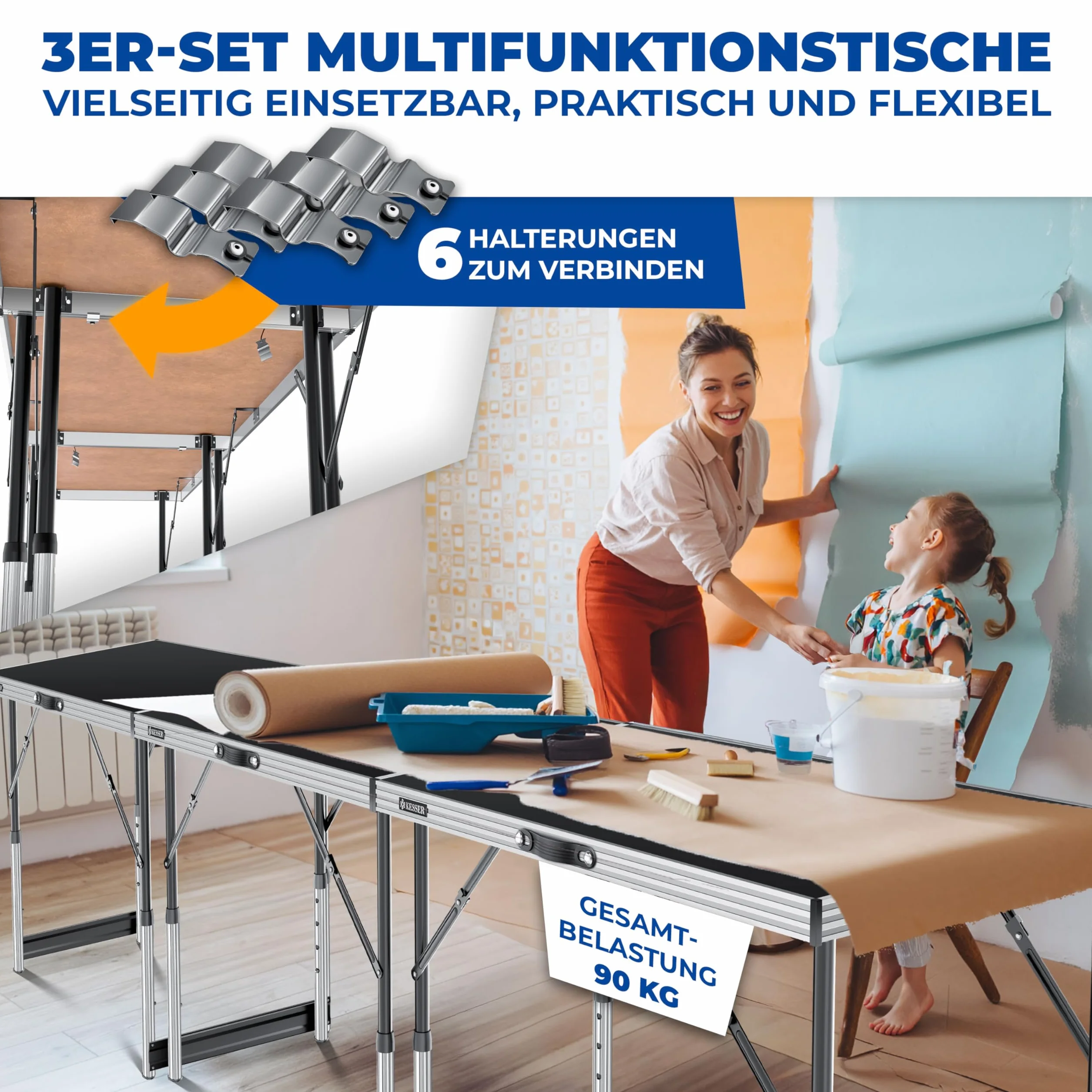 KESSER® Wielofunkcyjny stół profesjonalny, 3-częściowy, 100 x 60 cm, stół do tapetowania, nośność 30 kg, z funkcją wysuwania, składany stół na pchli targ, stolik pomocniczy, stół wielofunkcyjny, stół kempingowy, z regulacją wysokości