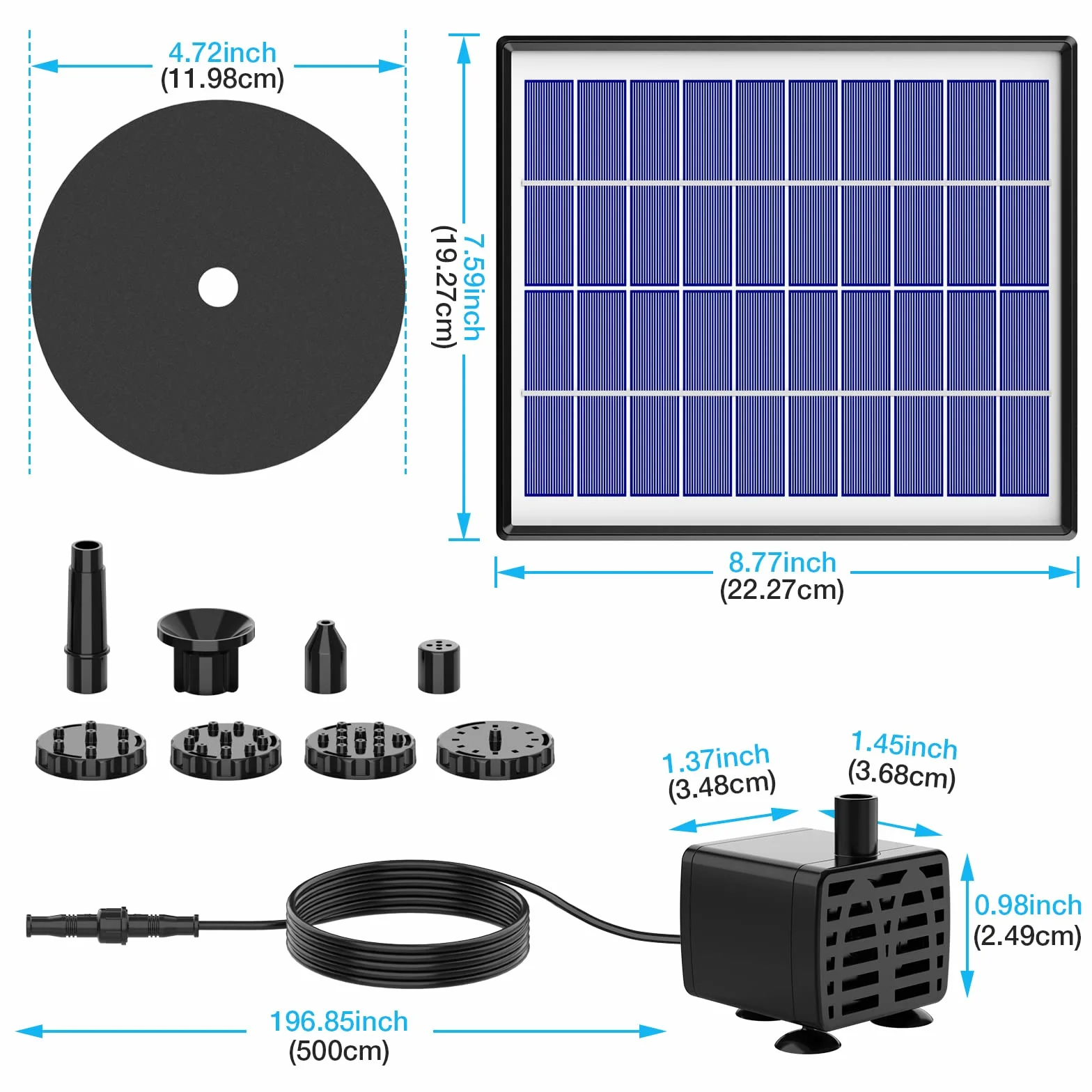 AISITIN Solarna pompa fontannowa 6,5 W z baterią 1500 mAh, pływająca fontanna, 6 dysz, do kąpieli dla ptaków, akwarium, stawu lub dekoracji ogrodu