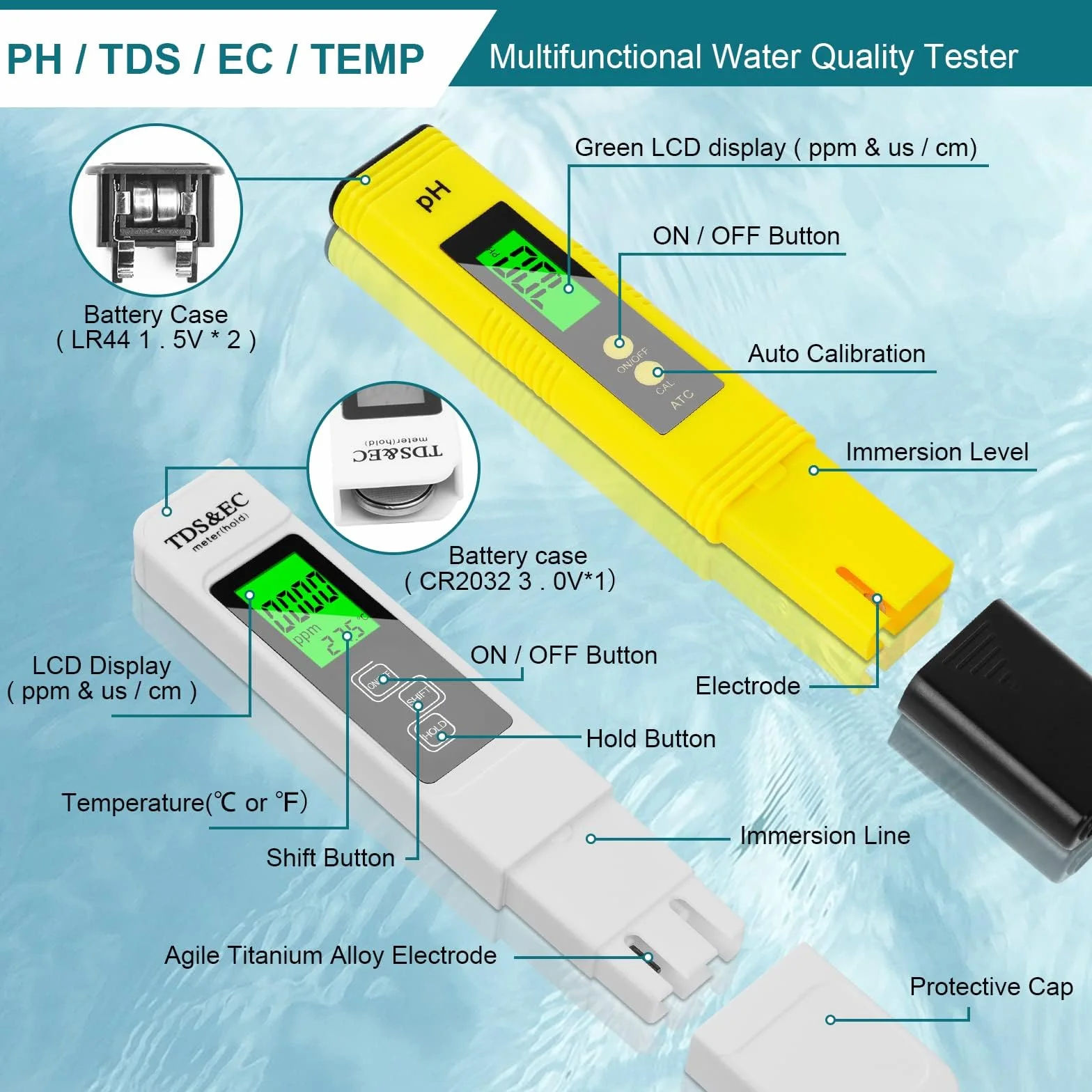 Flintronic PH/TDS/EC/Temp 4 w 1 miernik jakości wody z LCD i podświetleniem do basenu i spa
