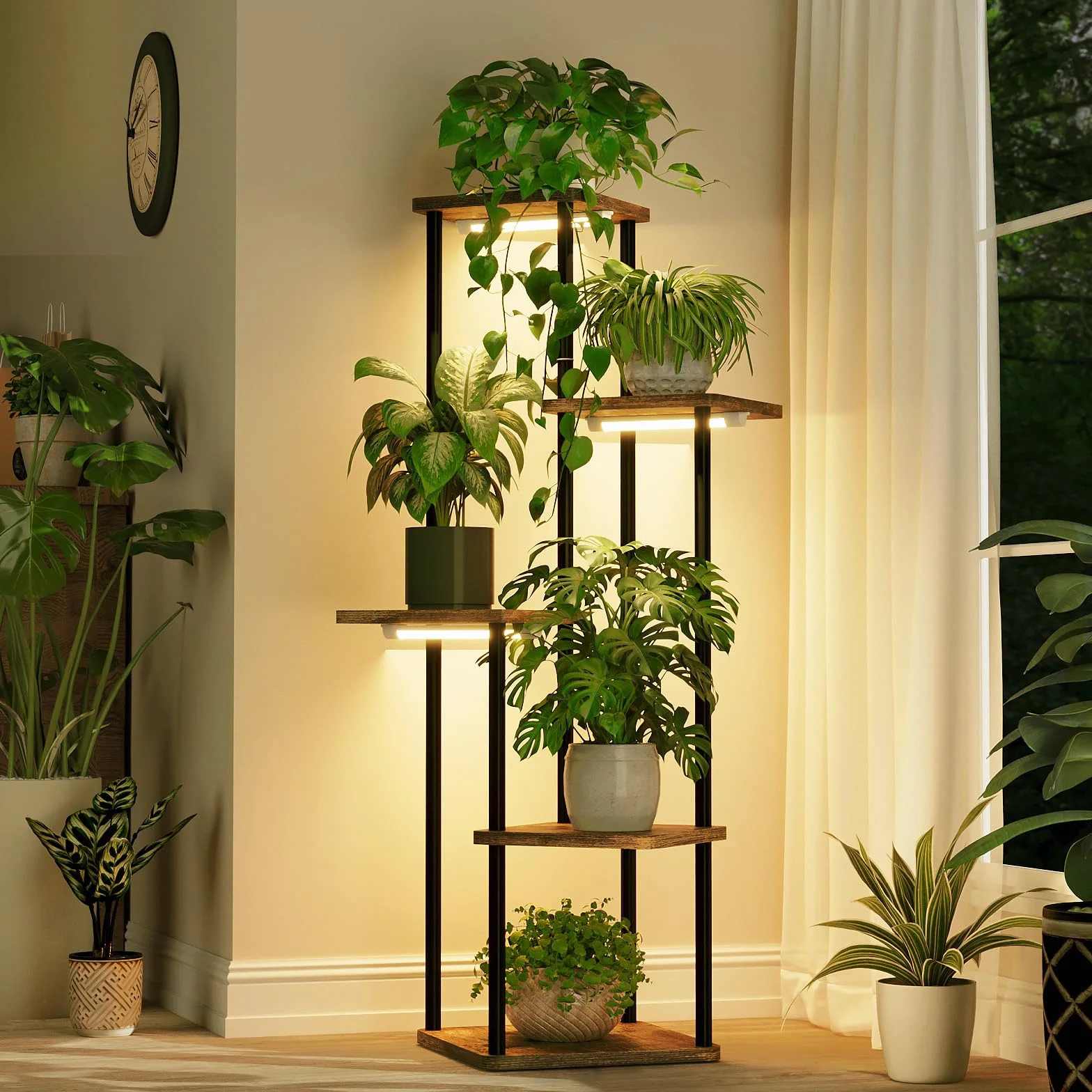 Bamworld Wysoki stojak na rośliny z lampą do doświetlania, narożny, do roślin domowych, 5-poziomowy – metalowo-drewniana półka z oświetleniem, idealna do salonu, sypialni, patio, ogrodu lub na balkon