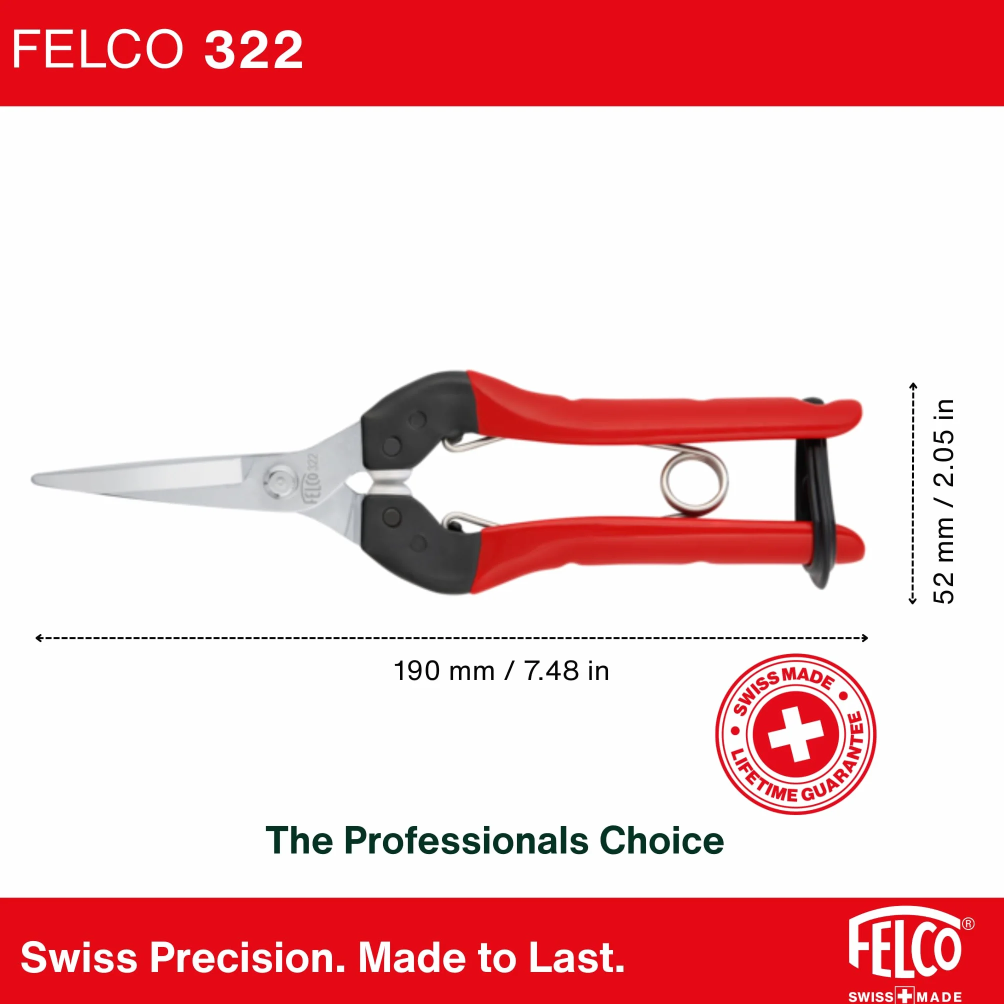 FELCO 322 nożyce precyzyjne długie, chromowane ostrze 46 mm, cięcie 10 mm, ergonomiczne stalowe uchwyty, amortyzatory poliuretanowe, lekkie narzędzie 190 mm