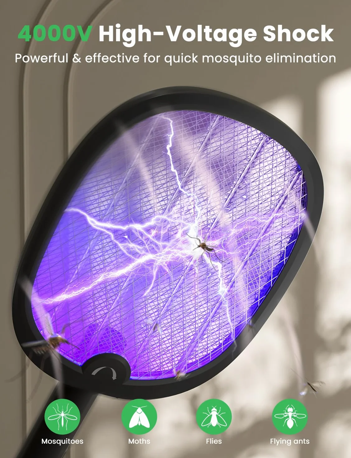 YISSVIC Elektryczna łapka na muchy, ekstra mocna, 4000 V, 1800 mAh, 2 w 1, USB-C do ponownego ładowania, składana, elektryczna łapka na komary z padającym światłem UV,czarny