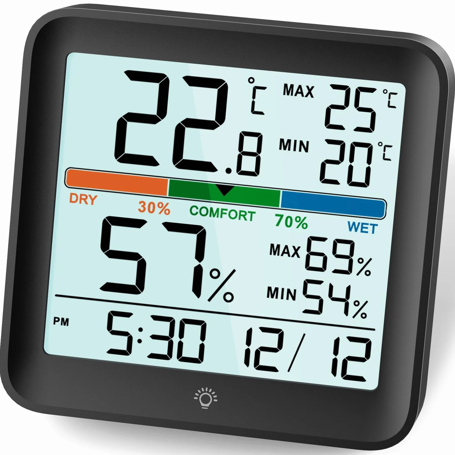 NOKLEAD Cyfrowy higrometr termometr pokojowy LCD z podświetleniem dotykowym, rejestracja min/maks, komfort, zegar, data, 7cm