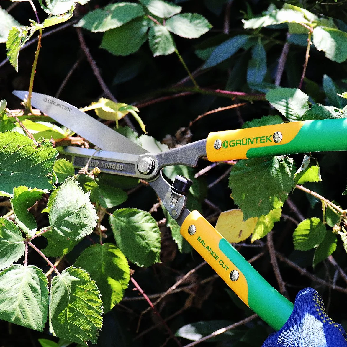 GRÜNTEK Q-23 nożyce do żywopłotu 600 mm, kute proste ostrza, amortyzator, wyważone, zadowolenia 90 dni, do żywopłotów, krzewów, małych gałęzi do 6 mm, krzewów