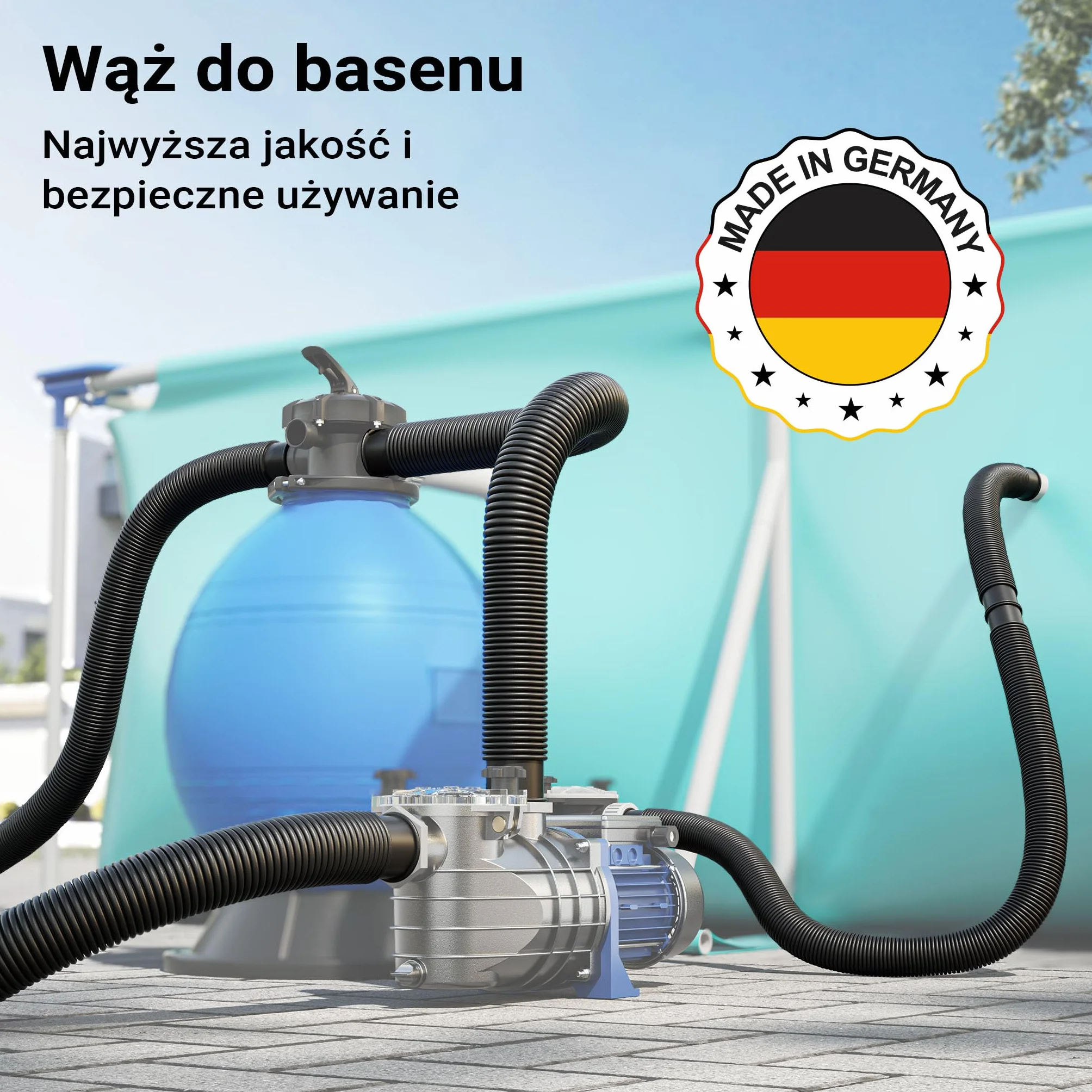 Wiltec Wąż do basenu o długości 9 m, Ø 32 mm czarny wąż ssący do pompy basenowej z mufami, wąż solarny - Made in EU