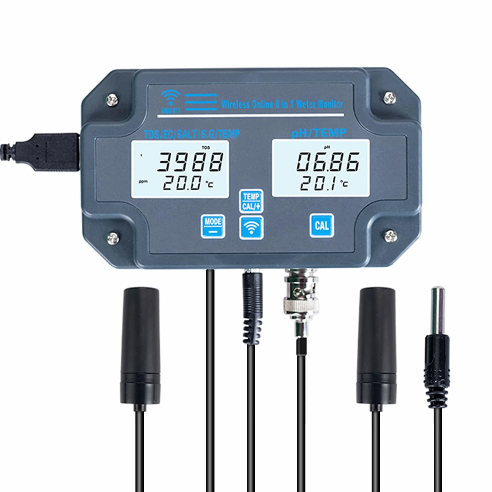 Cyfrowy tester jakości wody WiFi, montaż ścienny, analizator wody 6 w 1, PH/EC/TDS/SALT/S.G./temperatura, zdalne monitorowanie aplikacji, powiadomienia o alarmie do wody pitnej, akwarium,
