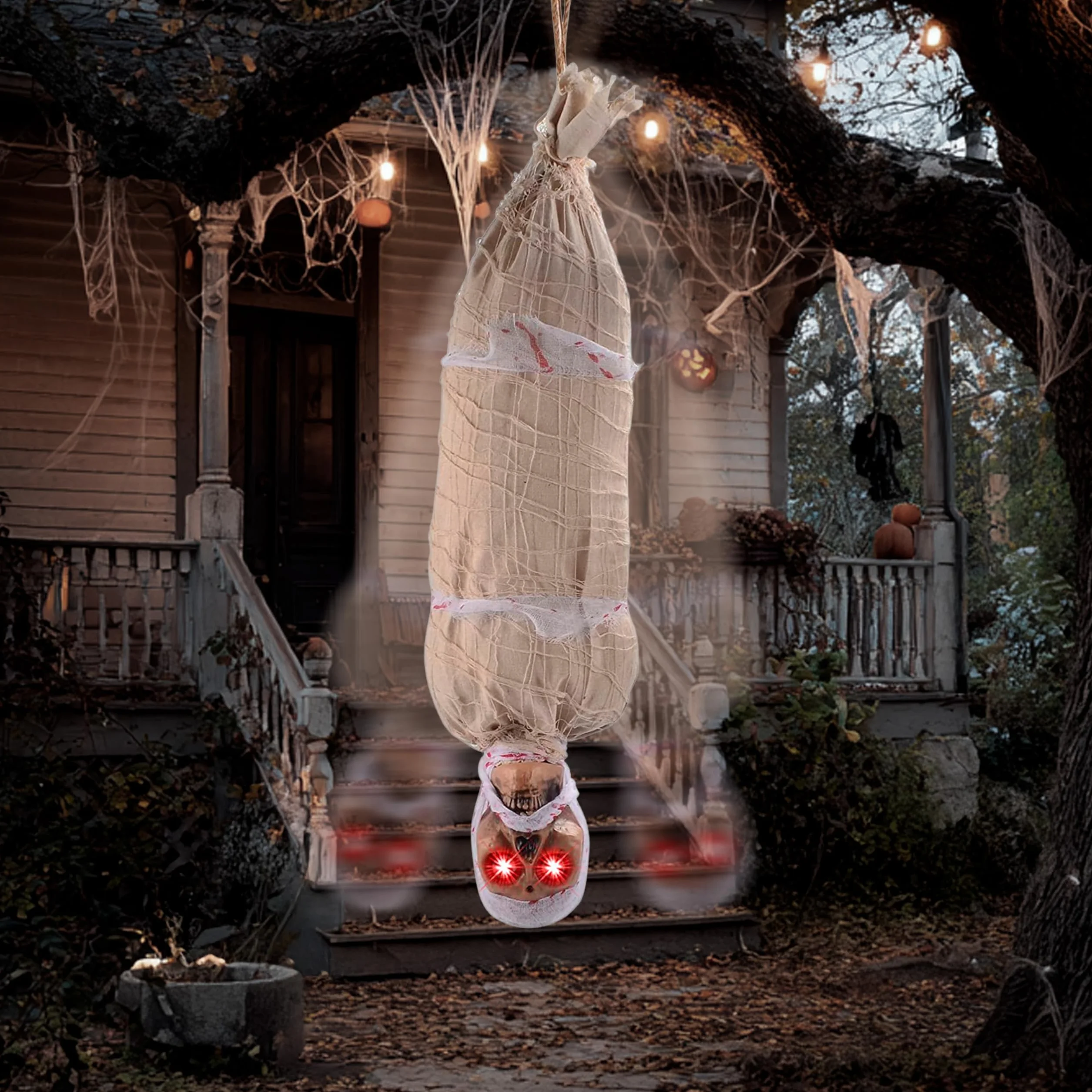 JOYIN Animowane wiszące zwłoki na Halloween, 89 cm, z oświetleniem LED i efektem dźwiękowym, do dekoracji wewnątrz i na zewnątrz