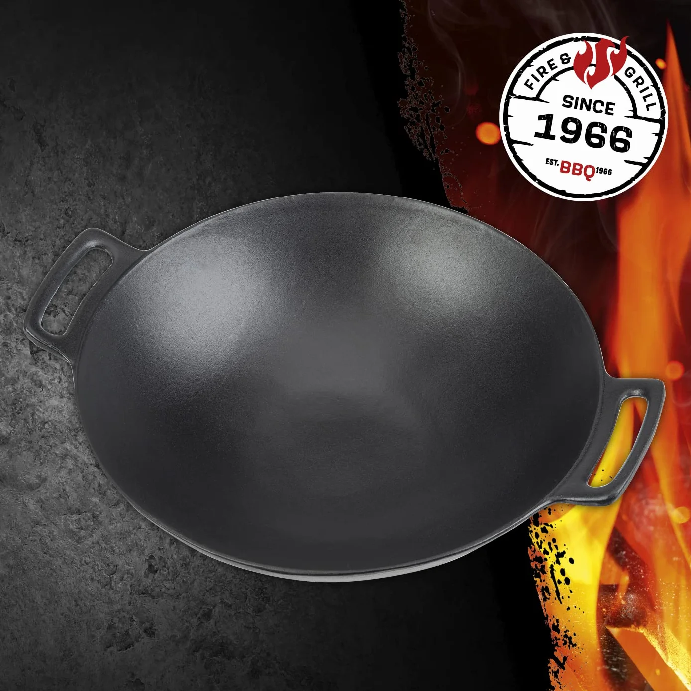 LANDMANN Grillwok | Wysokiej jakości wok z emaliowanego żeliwa (Ø 36 cm) | optymalna dystrybucja ciepła i magazynowanie ciepła | ze spłaszczonym dnem pasuje do rusztów | 38 x 46 x 13,5 cm [czarny]