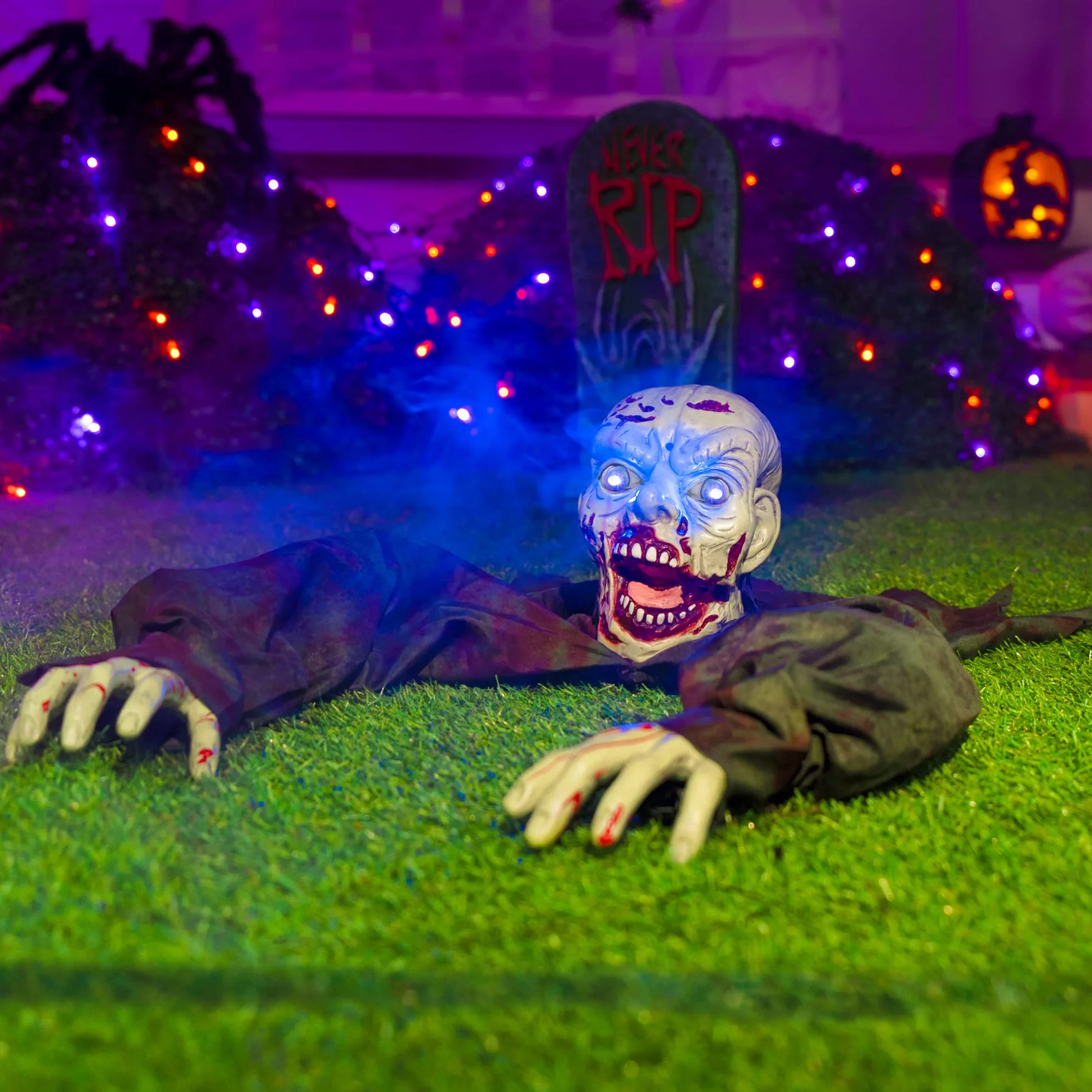 JOYIN Dekoracja zewnętrzna na Halloween, animowany przełom zombie, z przerażającym dźwiękiem i migającymi oczami, na Halloween, podwórko, trawnik, patio, nawiedzony dom, dekoracje zewnętrzne