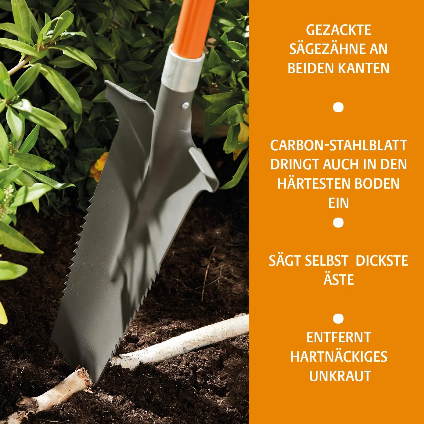 3 PAGEN® Łopata z piłą do korzeni, końcówka ze stali węglowej z ostrymi zębami, łopata ogrodnicza 114 cm, z ergonomicznym uchwytem i szeroką krawędzią do stepping - wysokiej jakości ostrze łopaty do