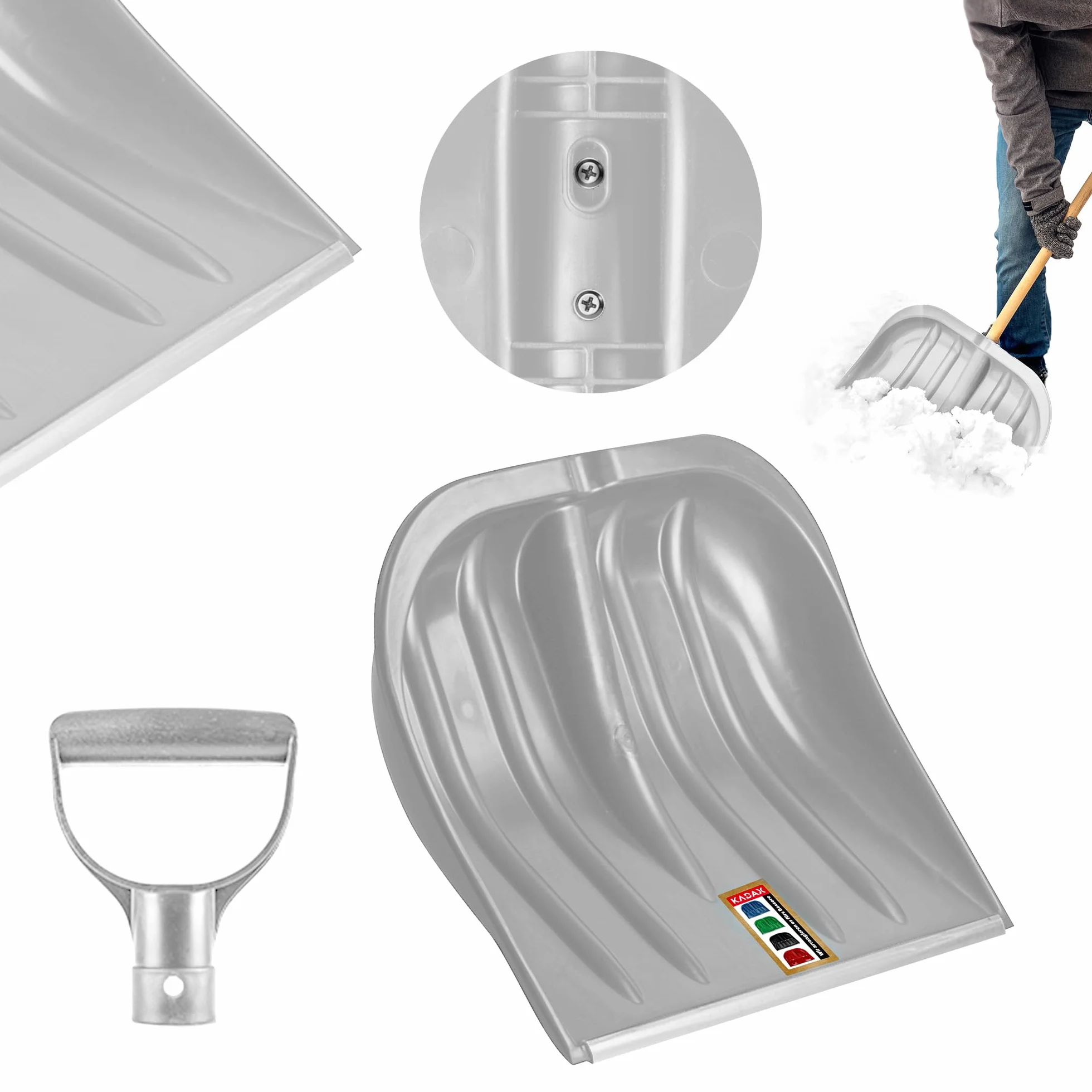 KADAX Łopata do śniegu 49 cm szerokości szufla bez trzonka z tworzywa sztucznego srebrna aluminiową krawędzią