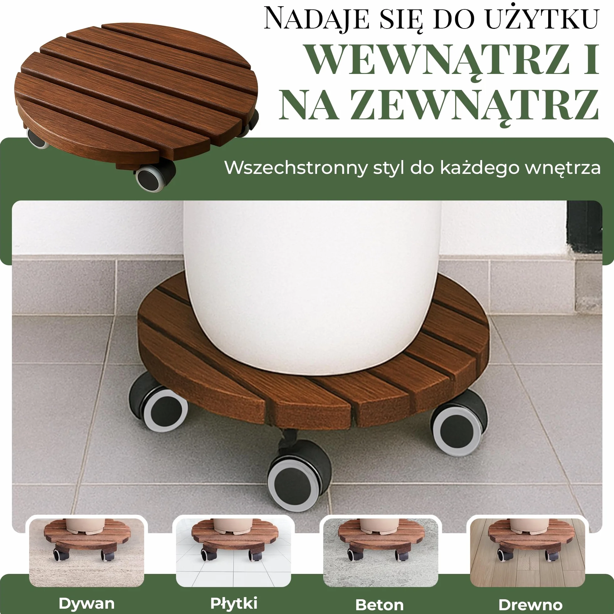 Podstawka pod Doniczkę na Kółkach | Zestaw 2, Ø 30 cm, Listwy z Drewna Olchowego FSC o Grubości 15,5 mm, do 100 kg, Ciche Kółka 360° z Hamulcem, do Wnętrz i na Zewnątrz, Powłoka Odporna na UV i Wilgoć