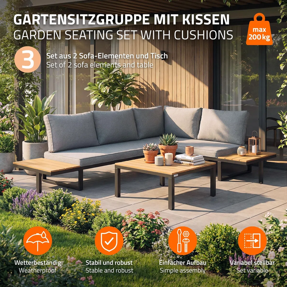 ML-Design Zestaw mebli ogrodowych 3-czesciowy narozny komplet wypoczynkowy taras balkon ogród sofa modulowa szara imitacja drewna poduszki stolik kawowy wodoodporny odporny na warunki atmosferyczne
