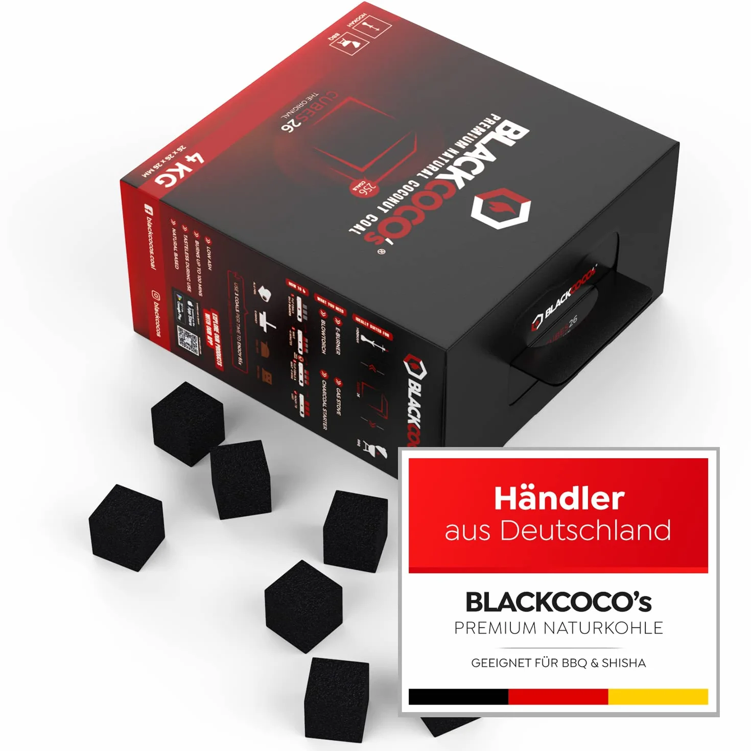 BLACKCOCO's naturalny węgiel kokosowy premium do sziszy i grilla, brykiety o długim czasie palenia, 4 kg