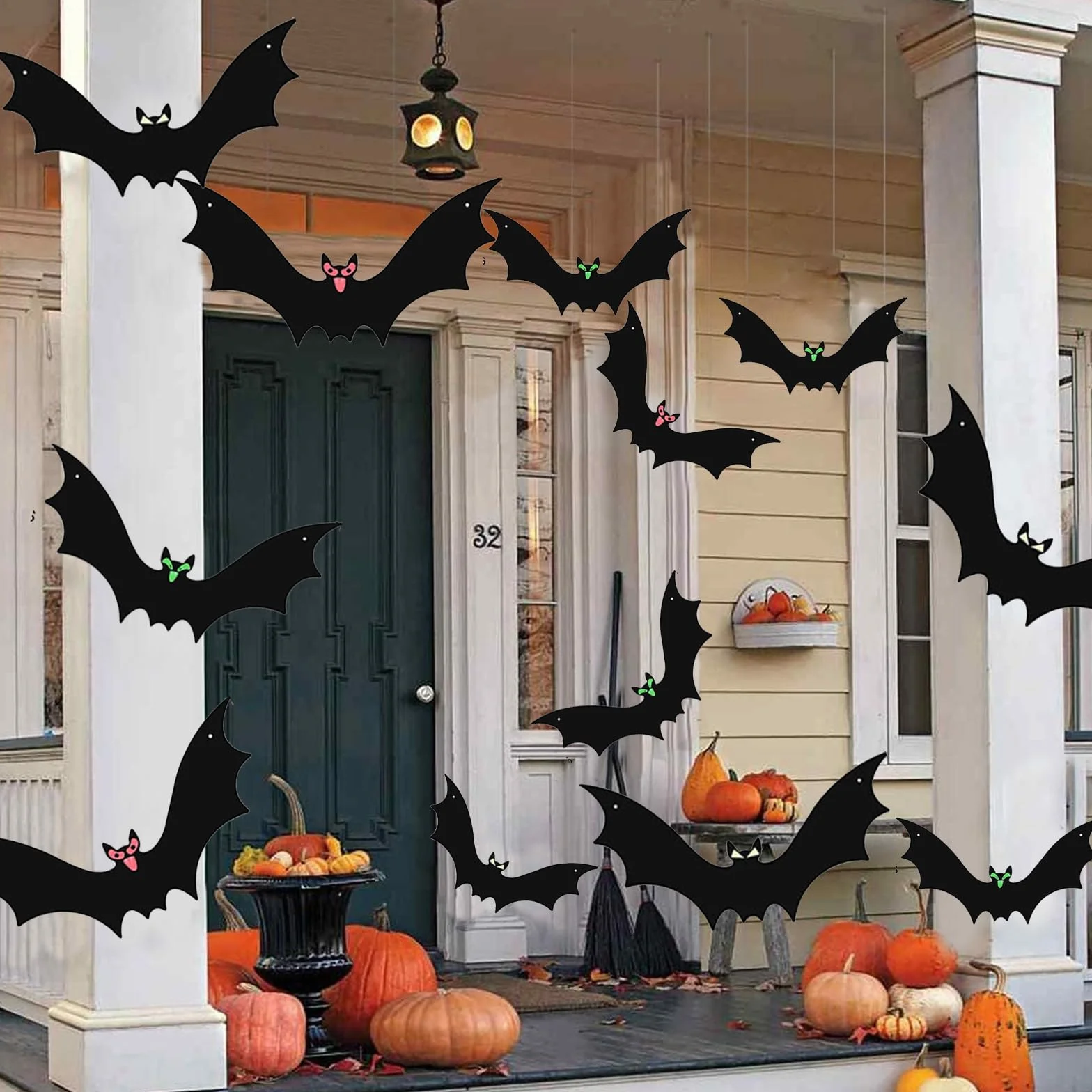 Dekoracje halloweenowe wiszące nietoperze, 12 szt. latający nietoperz ze świecącymi oczami i rolką sznurka do dekoracji halloweenowych na zewnątrz do ogrodu na imprezę podwórko drzewo wiszące