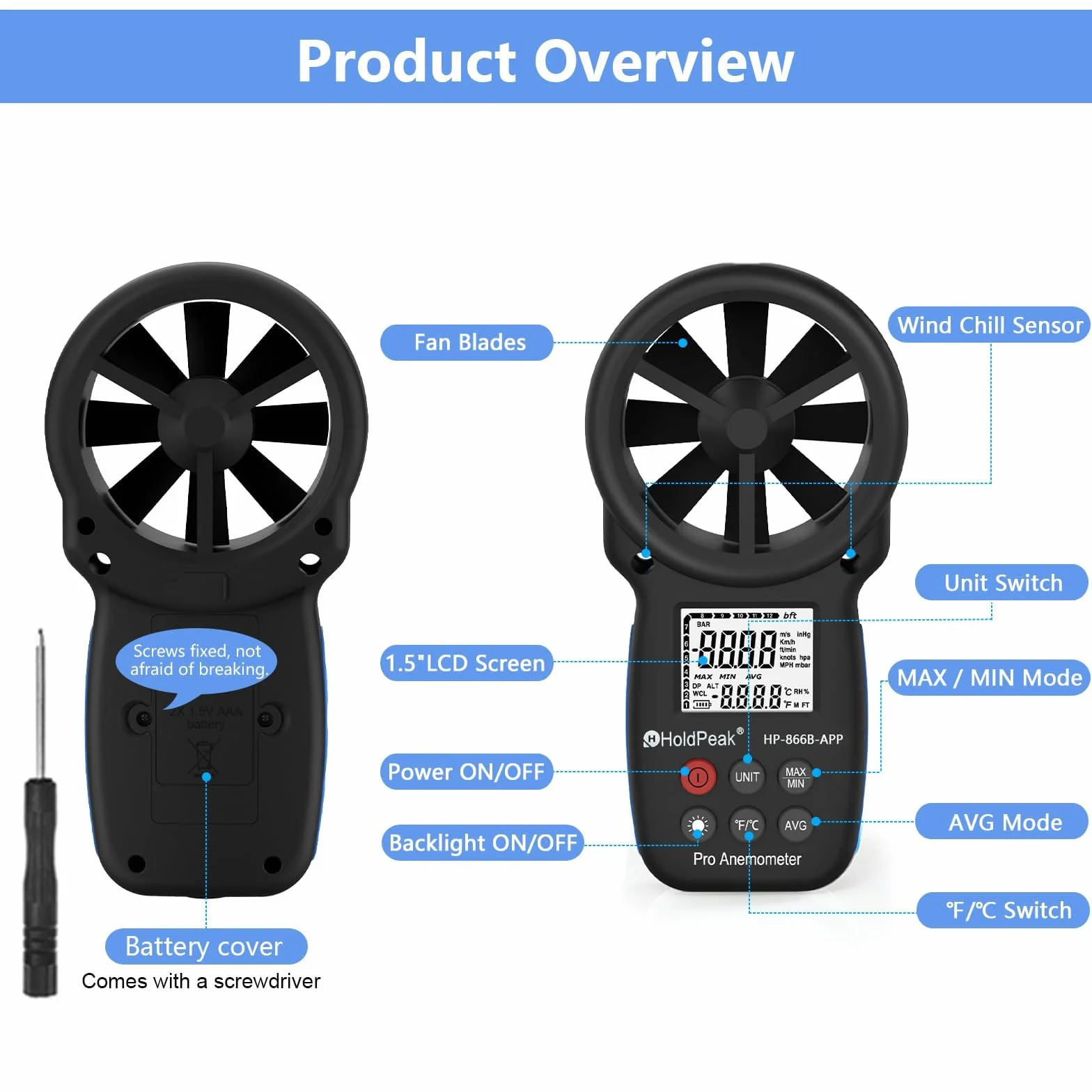 HoldPeak Cyfrowy anemometr HP-866B-APP Prędkość wiatru Bluetooth
