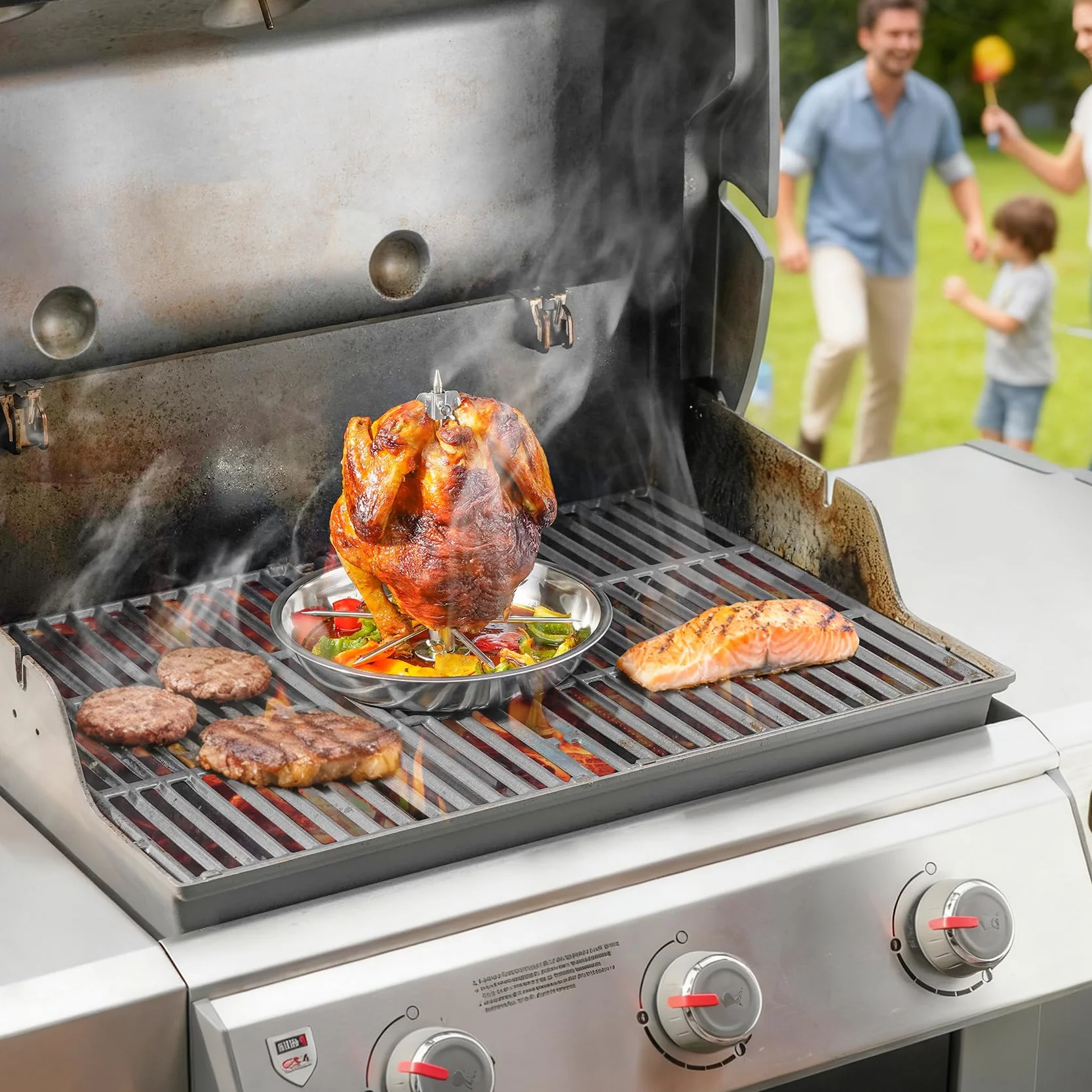 Onlyfire Pionowy rożen z wyjmowanym uchwytem do mięsa, pionowy rożen ze stali nierdzewnej z 2 różnymi uchwytami do brazylijskiego BBQ, całego kurczaka, indyka, rożna do piekarnika, grilla gazowego