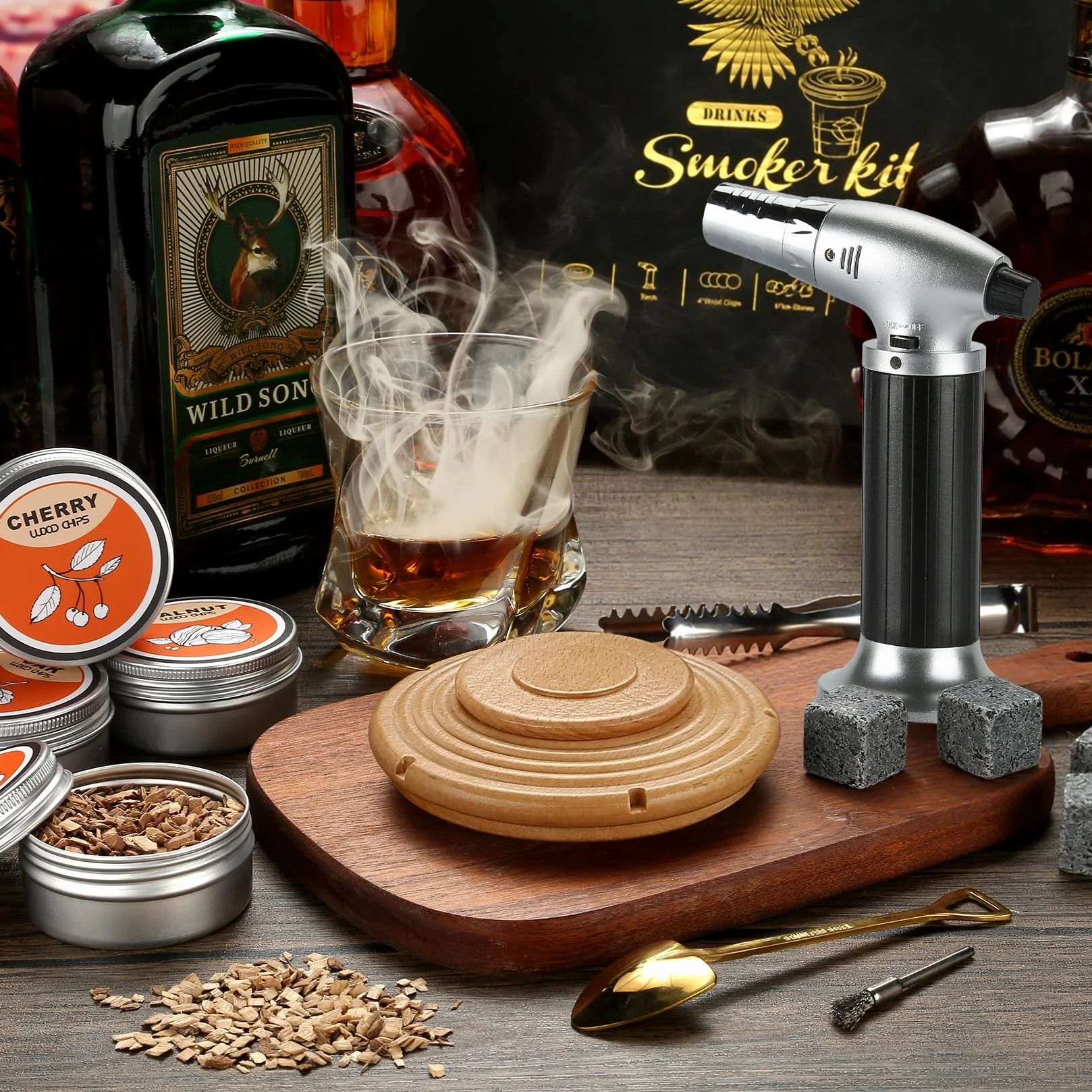 Zestaw Do Palenia Koktajli i Whisky Z Pochodnią - Staromodny Z Kamieniami, Prezent Dla Mężczyzny, Męża, Taty (Bez Butanu) - Buk