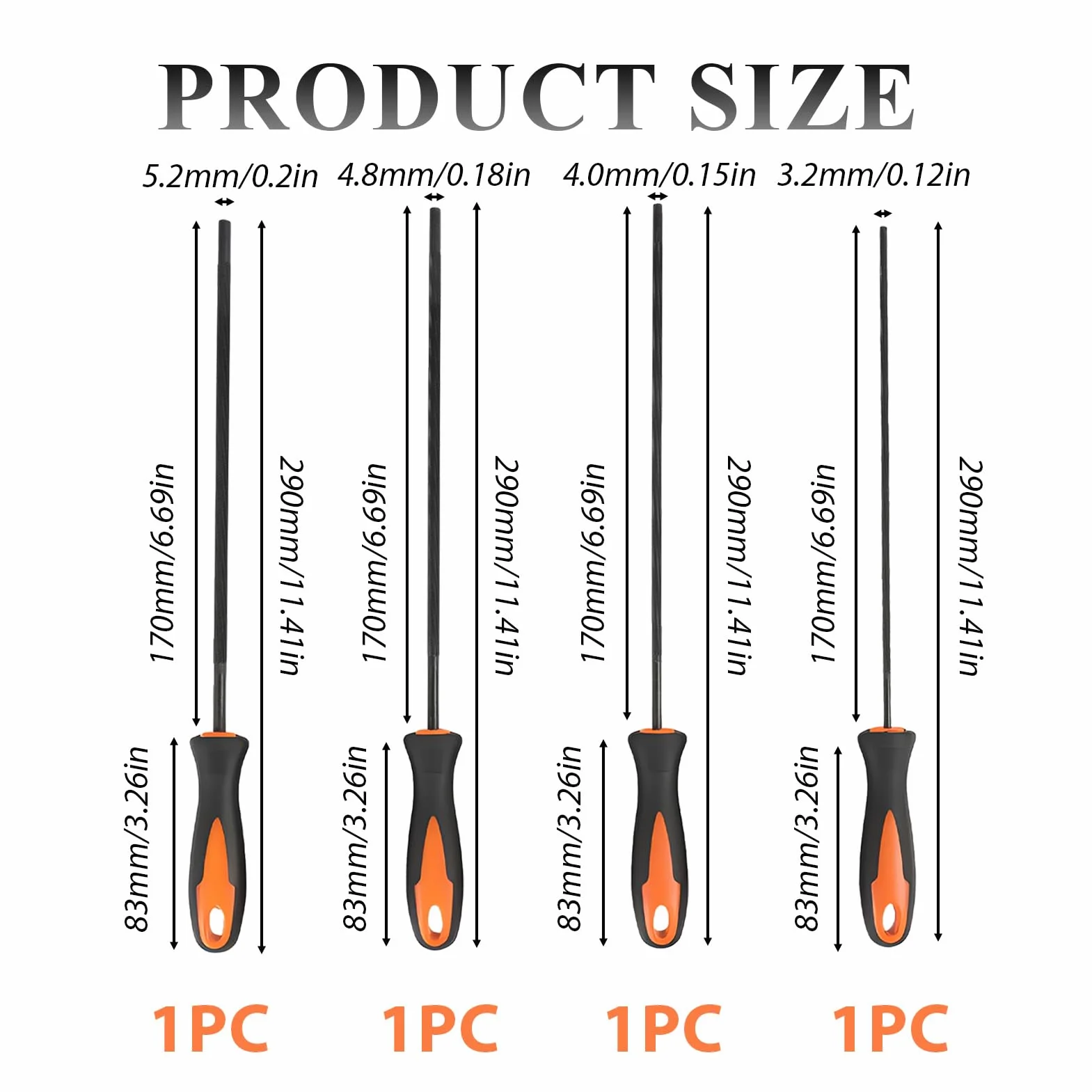 4 pilniki do piły łańcuchowej z ergonomicznym uchwytem, 3,2 mm, 4 mm, 4,8 mm, 5,2 mm, pilnik metalowy, ze stali węglowej o wysokiej wytrzymałości, do precyzyjnego ostrzenia, odpowiednie do