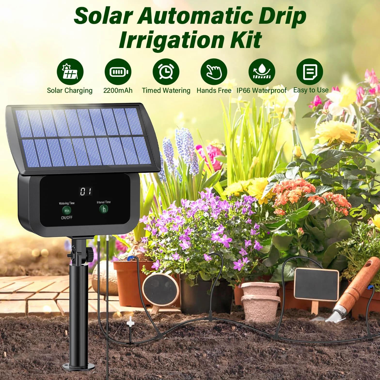 Zestaw do automatycznego nawadniania solarnego, automatyczny system nawadniania ogrodowego, solarne systemy nawadniania z zegarem + wąż 15 m do ogrodu, na balkon, do roślin doniczkowych