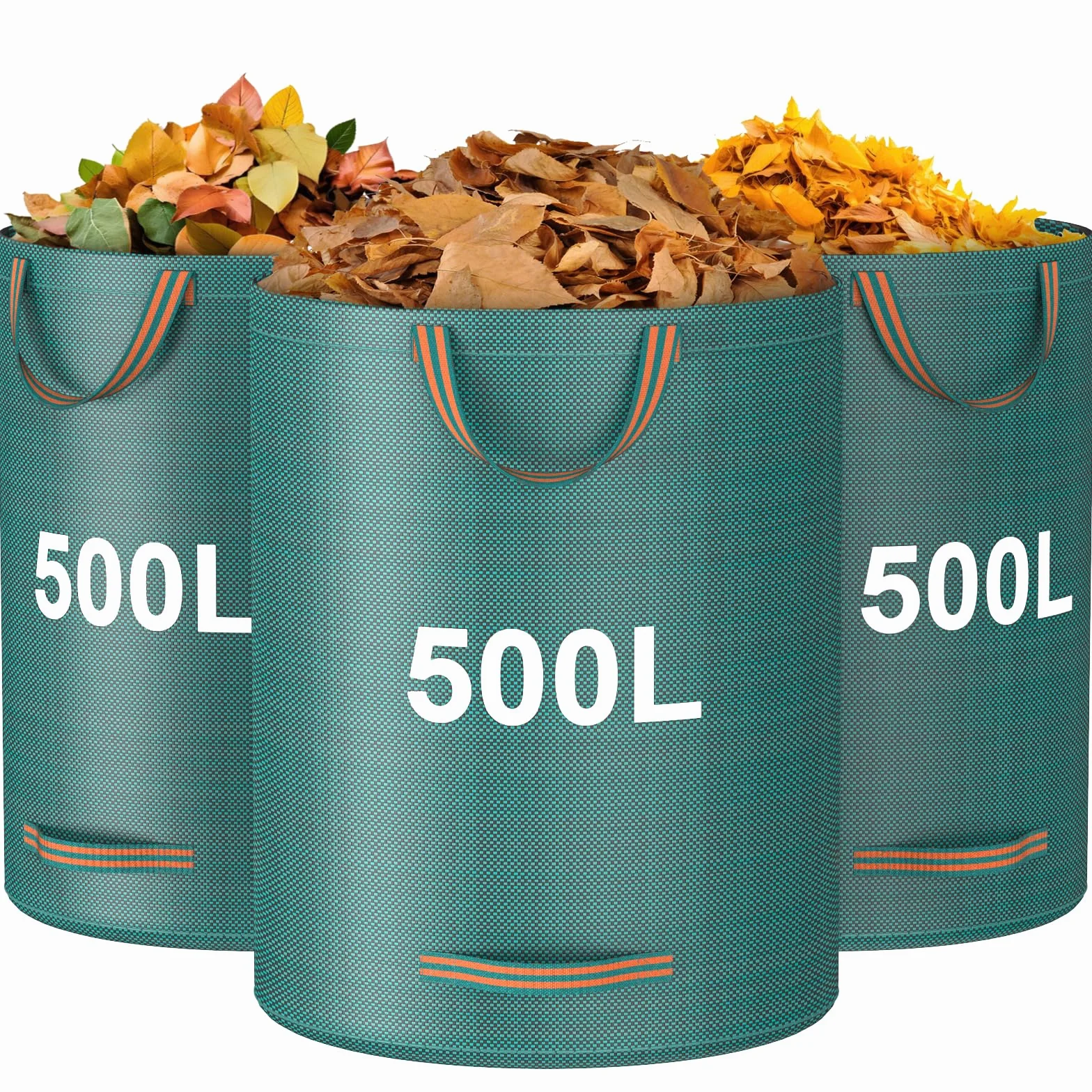 Mokani Worki na odpady ogrodowe, 500 l x 3 worki ogrodowe, wytrzymałe, z uchwytami, wielokrotnego użytku, składane torby kempingowe do recyklingu, na liście, śmieci, gruz, wodoodporne