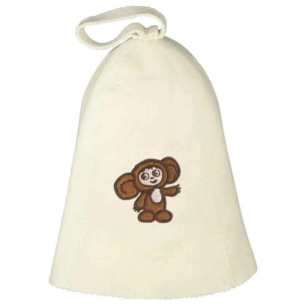 Kapelusz do sauny z haftem czeburaschka z filcu (czapka filcowa, czapka do sauny) Cheburashka, br?zowy Bia?y