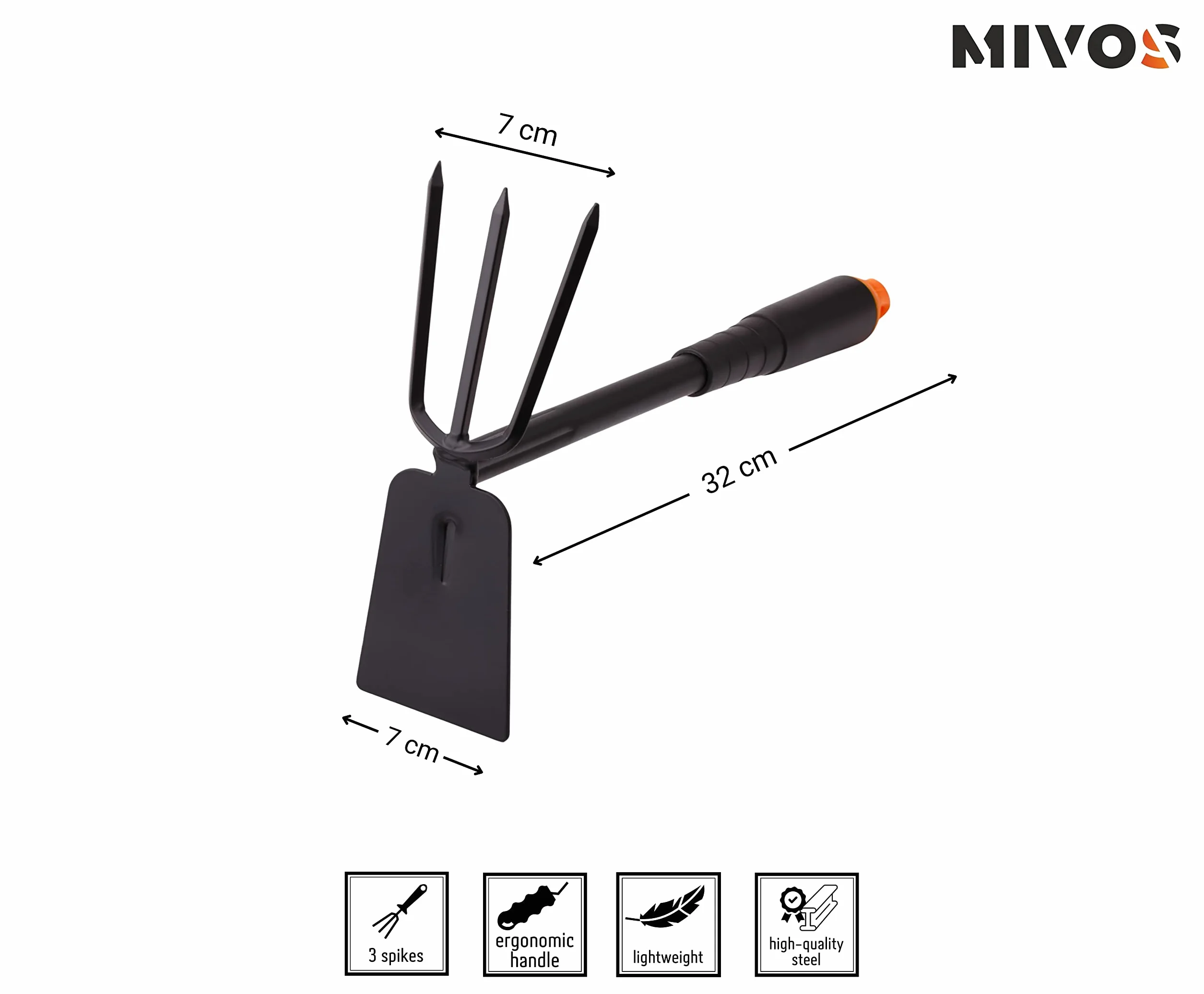Mivos Zestaw Małych Narzędzi Ogrodniczych ze Stali, 3 elementy/Motyka z Kolcami, Łopatka, Grabki/Komplet 3 narzędzi dla Ogrodnika, Dziecka/Do Pielęgnacji Ogrodu