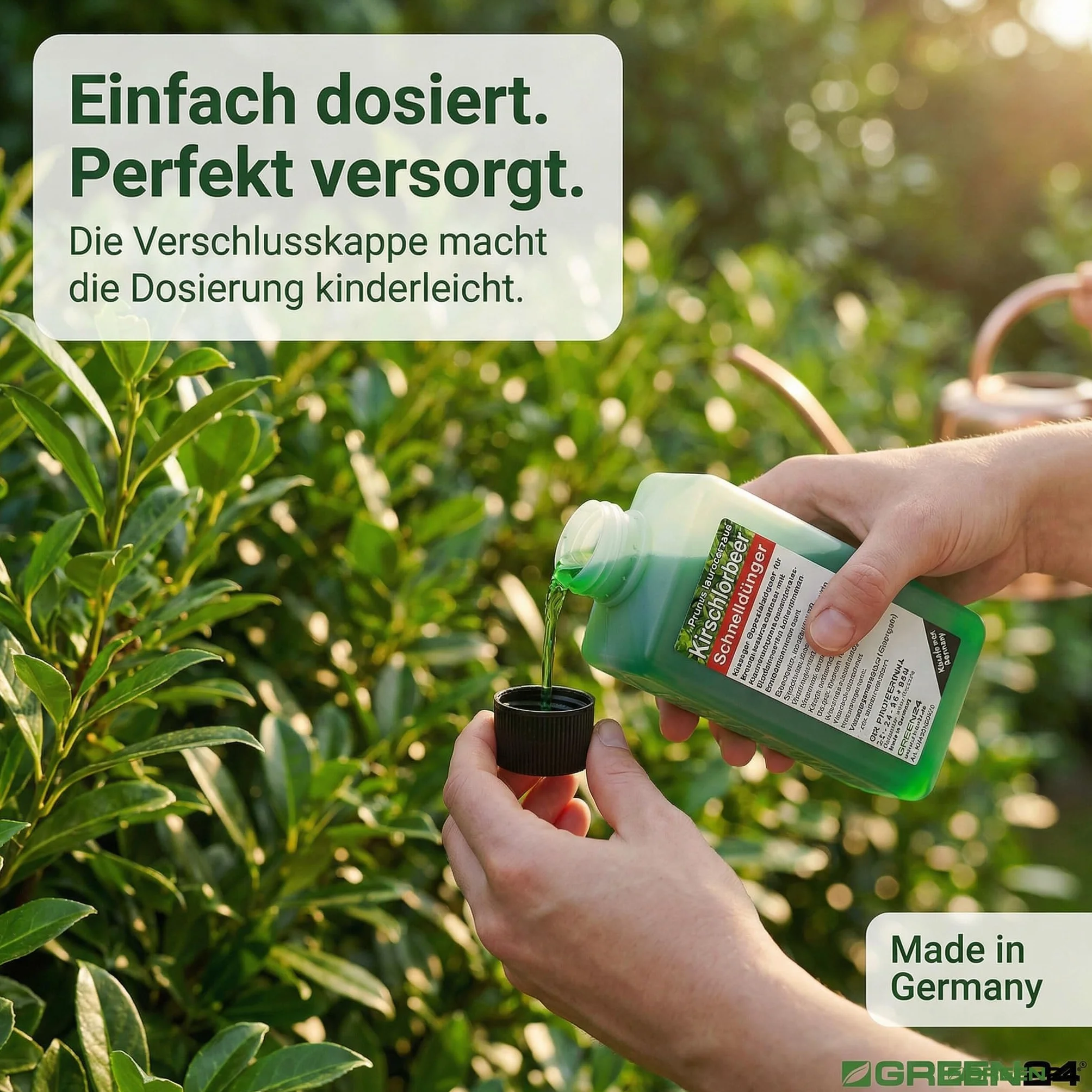 GREEN24 HIGHTECH nawóz do laurowego wiśniowego, profesjonalna linia 1 l, do nawożenia wielu roślin Prunus laurocerasus, Hightech płynny nawóz do żywopłotów laurowych i donic