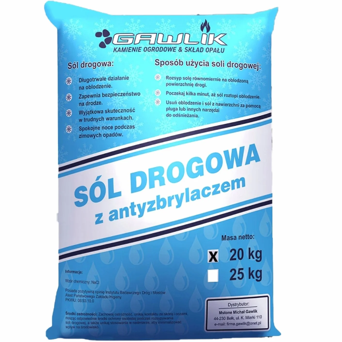 SÓL DROGOWA Sól do rozmrażania lodu ze środkiem zapobiegającym blokowaniu 20 KG sól do odśnieżania na zimę