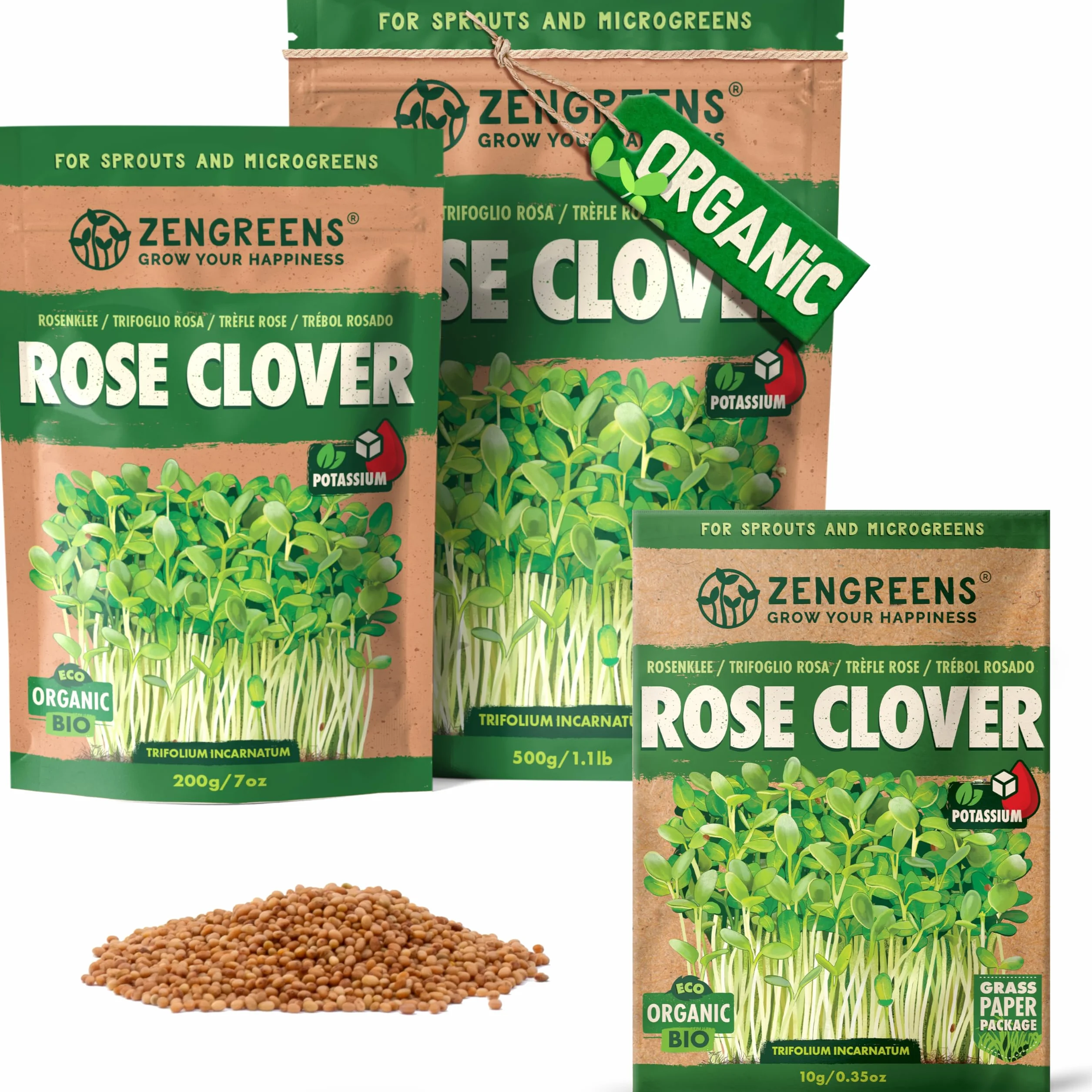 ZenGreens® - Organiczne nasiona koniczyny różanej - Wybierz pomiędzy 10, 200 g i 500 - nasiona koniczyny różanej o zdolności kiełkowania ponad 97% - nasiona koniczyny różanej kiełki