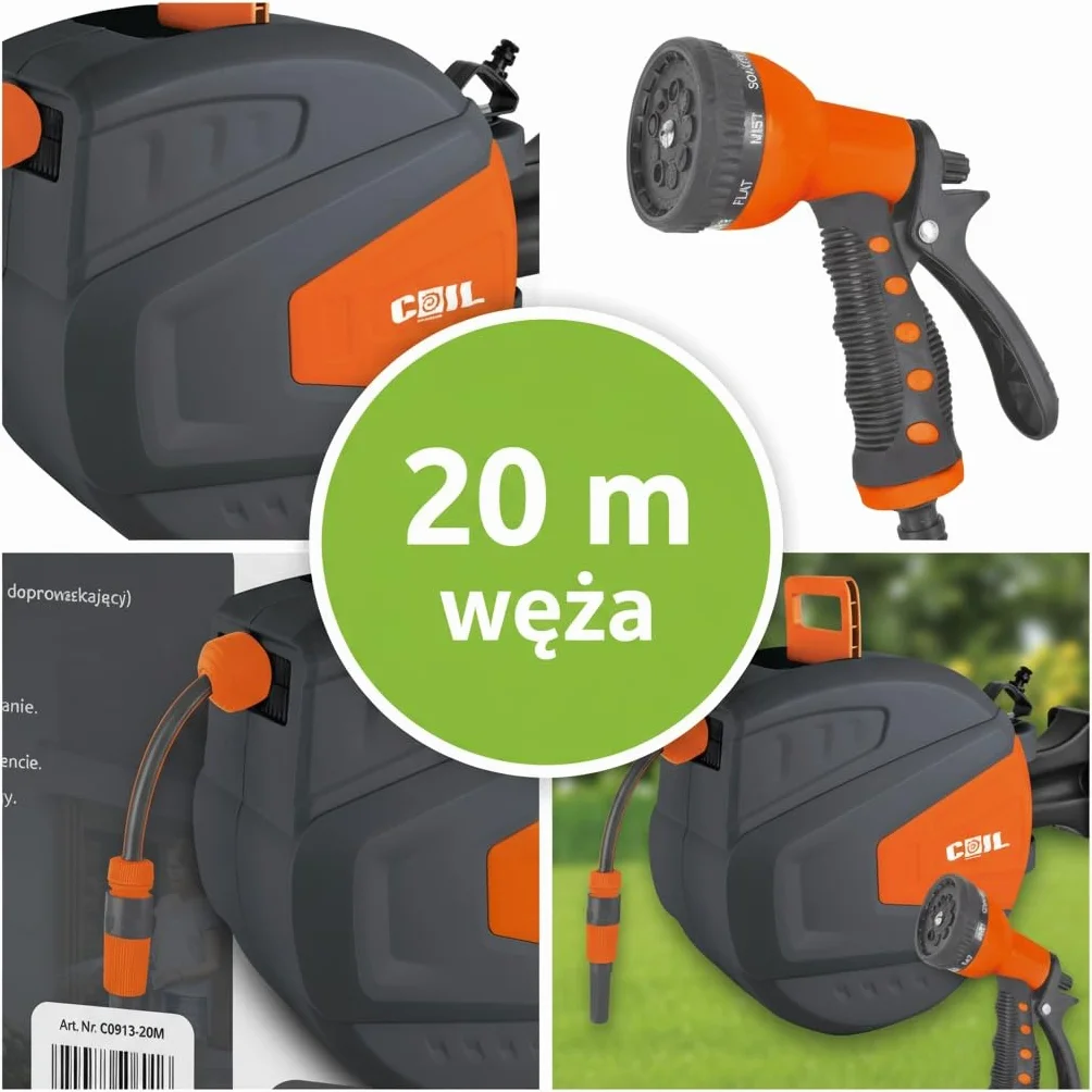 COIL Wąż ogrodowy spiralny z automatycznym zwijaczem, montaż ścienny, 9 funkcji spryskiwania, wąż 2 m