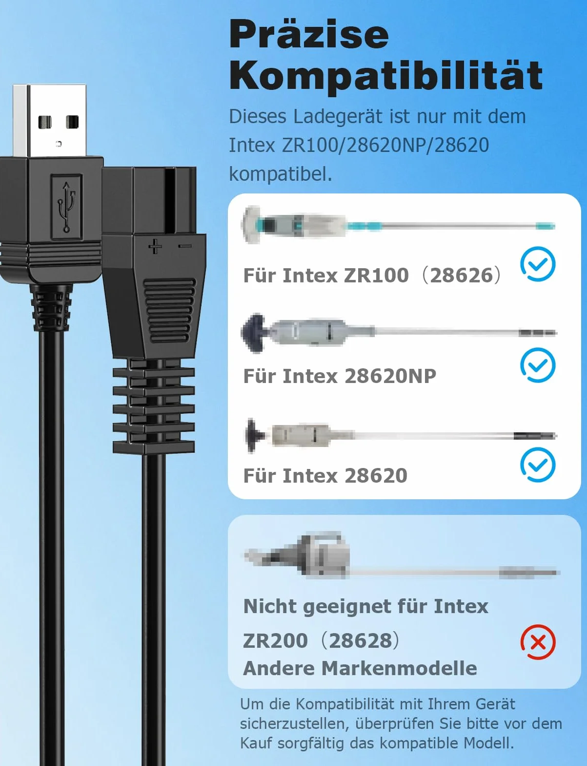 Mellbree Kabel USB 2m do ładowania odkurzacza basenowego Intex ZR100 28626 28620 NP