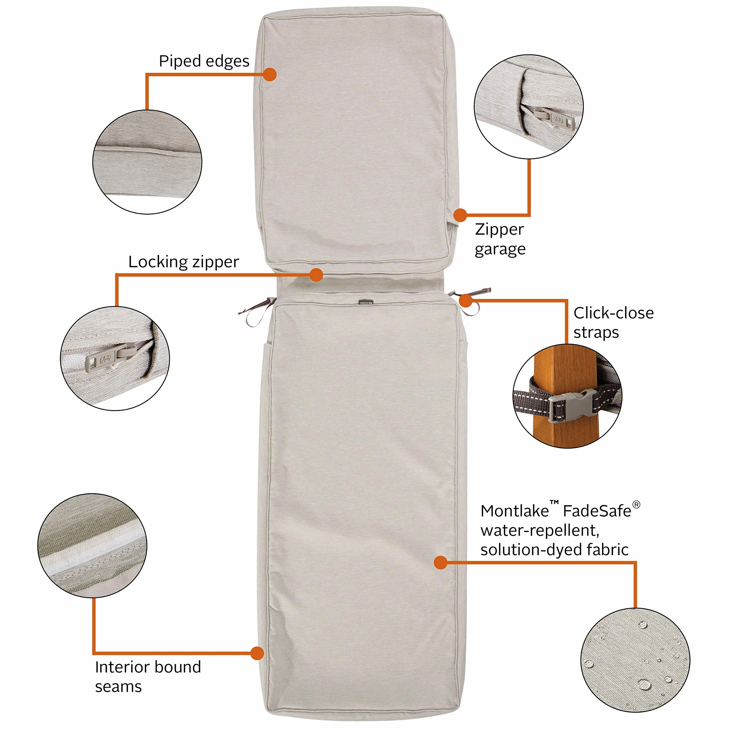 Classic Accessories Montlake FadeSafe wodoodporna 184 x 68 x 7,6 cm patio poszewka na poduszkę leżak poszewka na poduszkę, szary wrzosowy