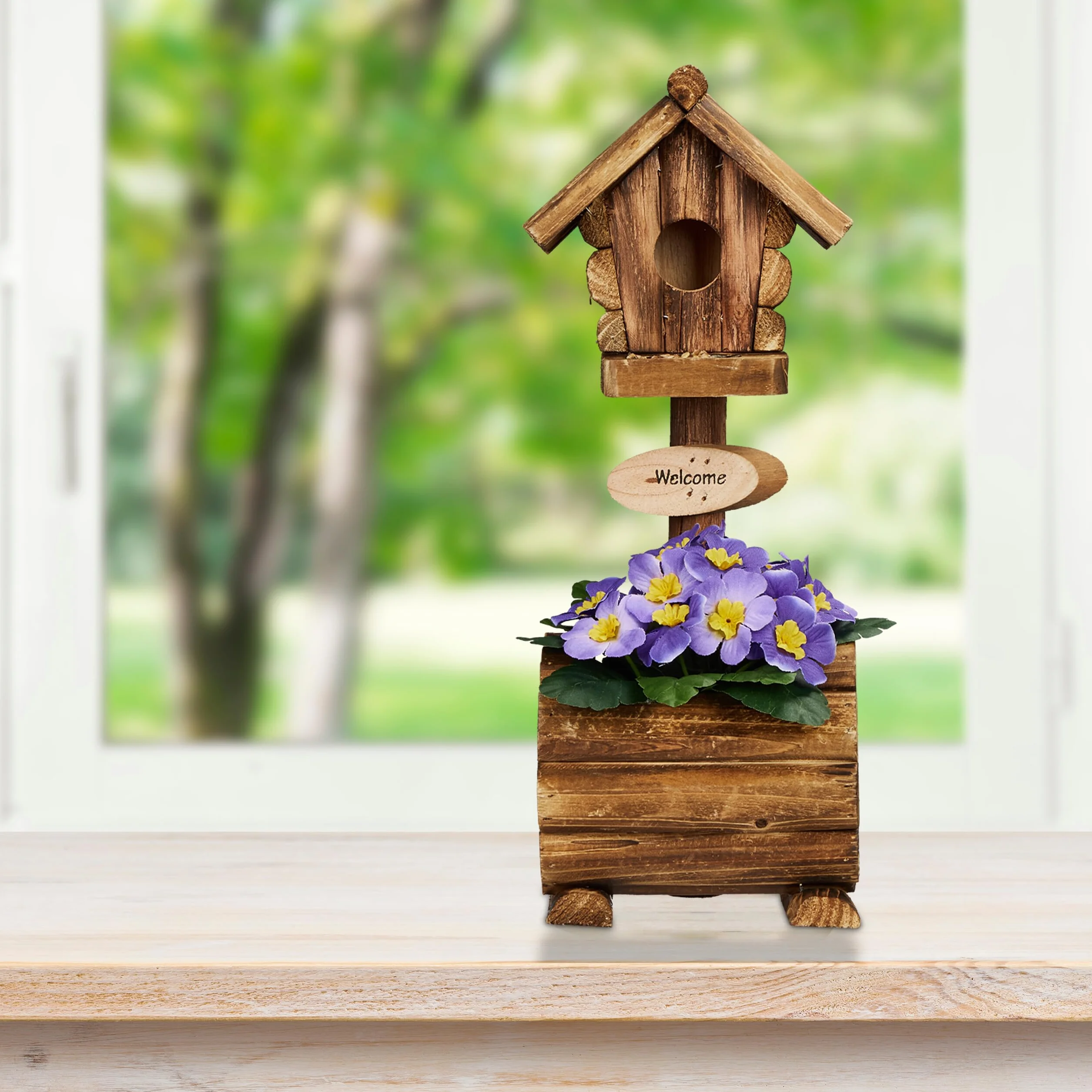 Relaxdays Dekoracyjny domek dla ptaków z doniczką, drewno jodłowe, rustykalny design, wys. x szer. x gł.: 41 x 15 x 15 cm, domek dekoracyjny, naturalny