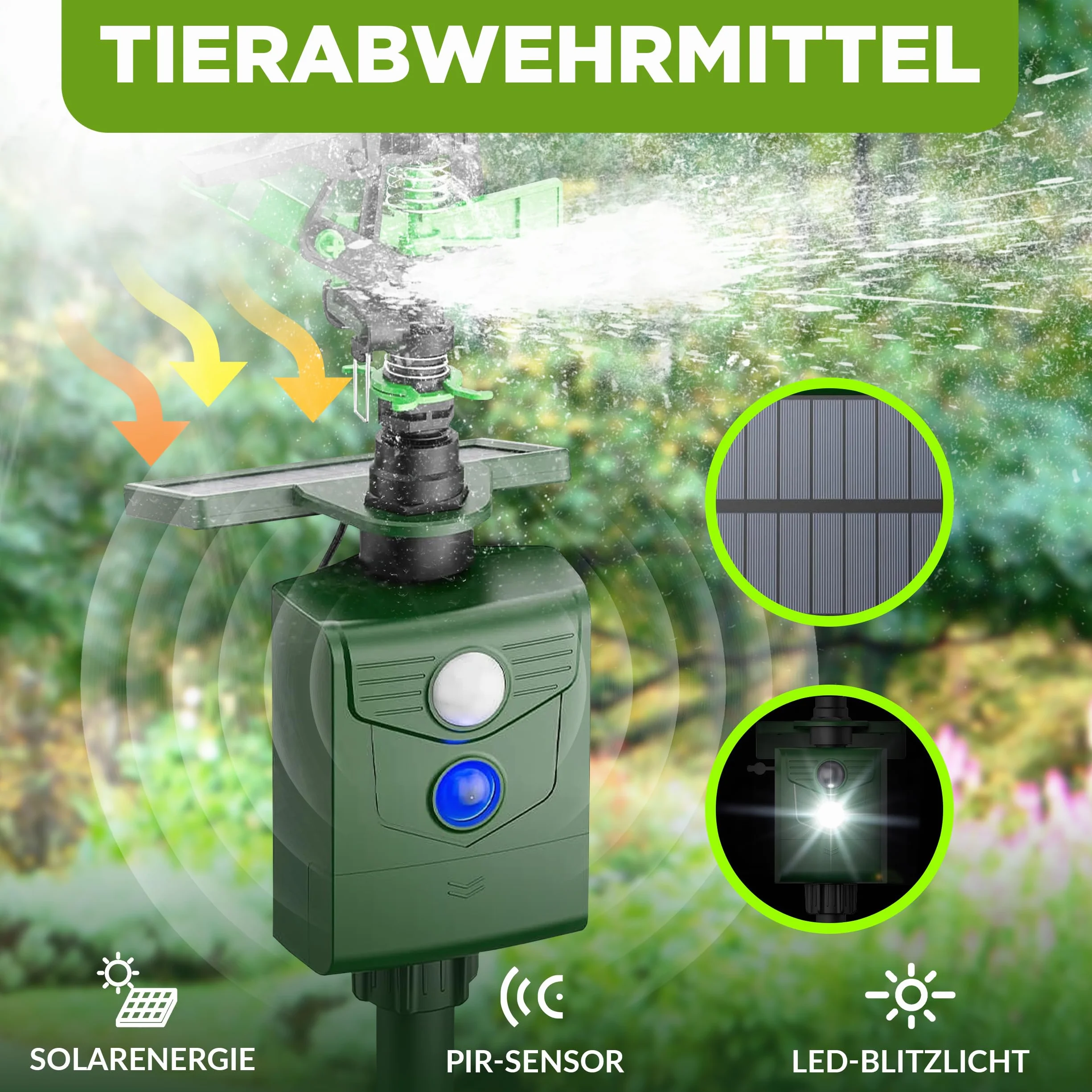 ISOTRONIC Strumień wody plus światło odstraszacz zwierząt | zasilany energią słoneczną odstraszacz psów i kotów | odstraszacz ptaków i czapli do ogrodu | czujnik ruchu I regulowany zasięg I ochrona