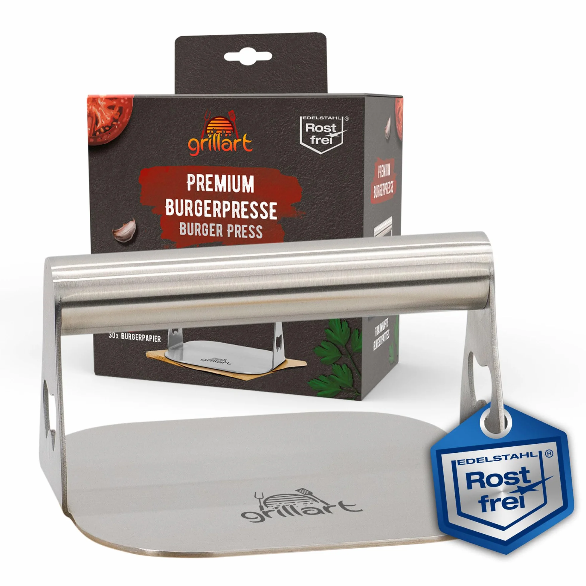 grillart® Premium prasa do burgerów z wysokiej jakości stali nierdzewnej na burgery typu smashed, w zestawie z 30 szt. papieru do burgerów – prasa do burgerów do użytku na planczy i teppanyaki – prasa