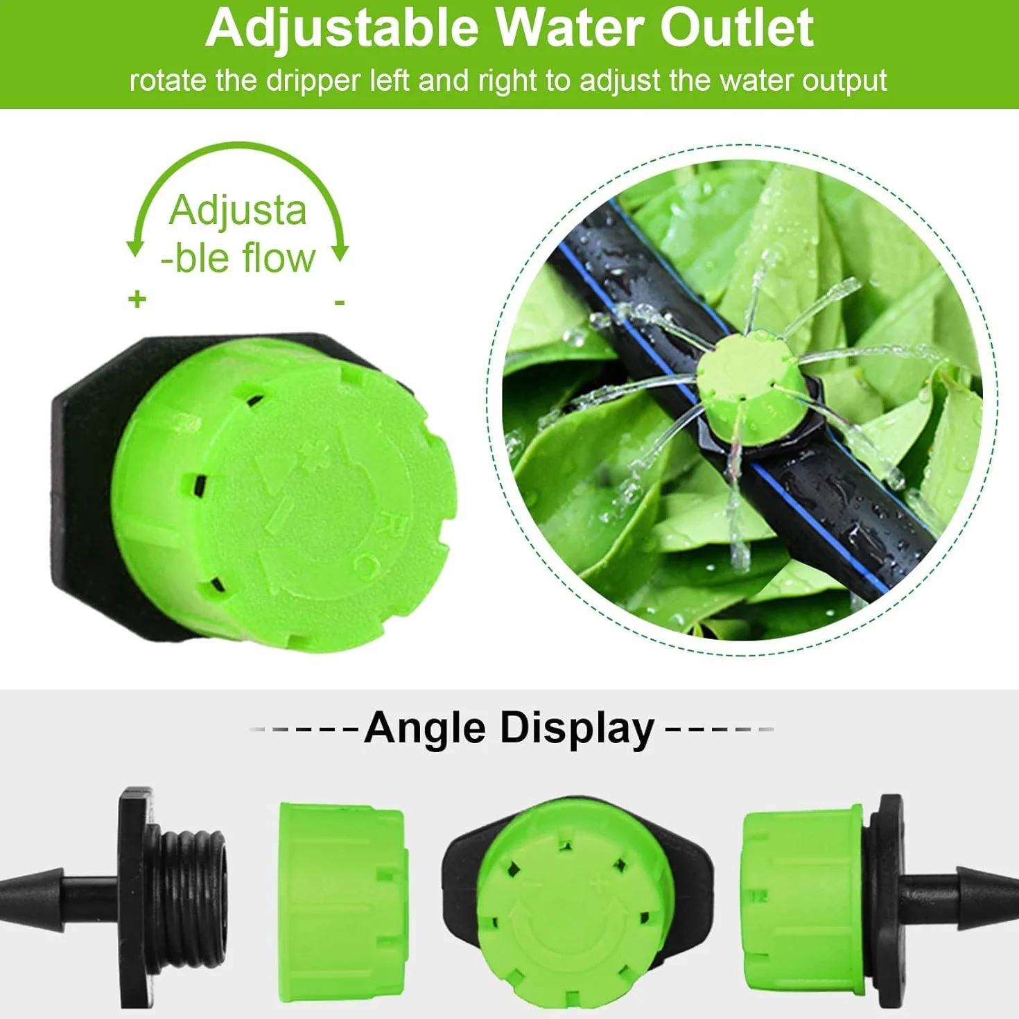 100 sztuk regulowanych kroplomierzy nawadniających 1/4", 360°, mikro-emiter do systemów nawadniania ogrodu, odporny na zapchanie się, do węży 4 mm/7 mm, zielony