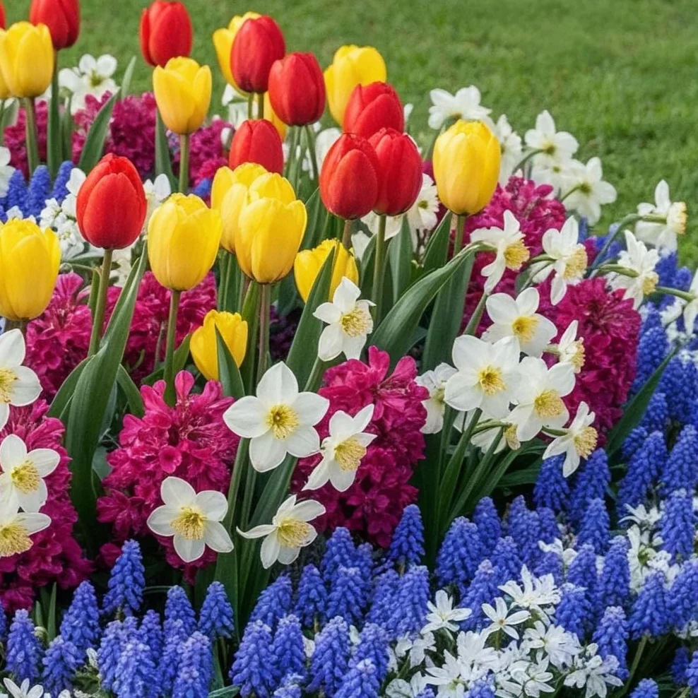 Kolekcja cebul kwiatowych Spring Border (50 cebul) ekskluzywna mieszanka z Holandii, odporna i wieloletnia do ogrodu, doniczek (duże, bez nasion, nie sztuczne) tulipany-narcyzy-hiacynty-muscari