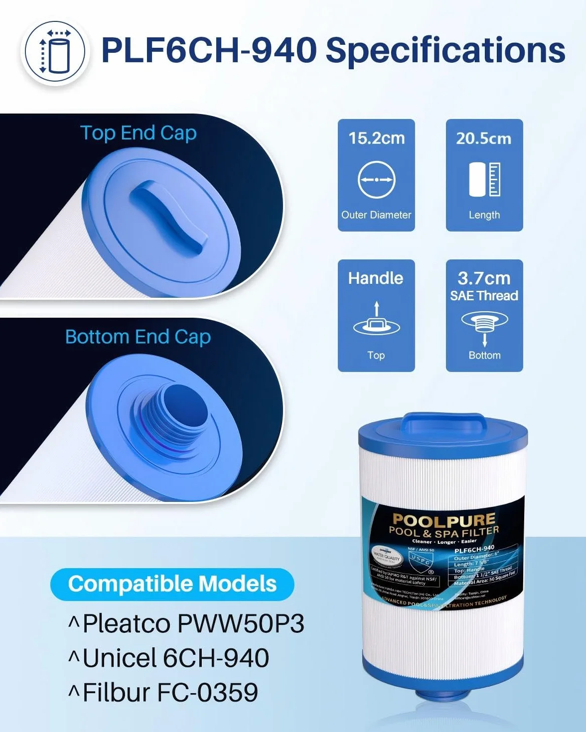 POOLPURE 2 sztuki filtrów SPA, filtr do zamiennik do Unicel 6CH-940, Pleatco PWW50P3, PWW50-P3, Filbur FC-0359, Waterway Plastics 817-0050, 252, 378902, 03FIL1400 (faktura)