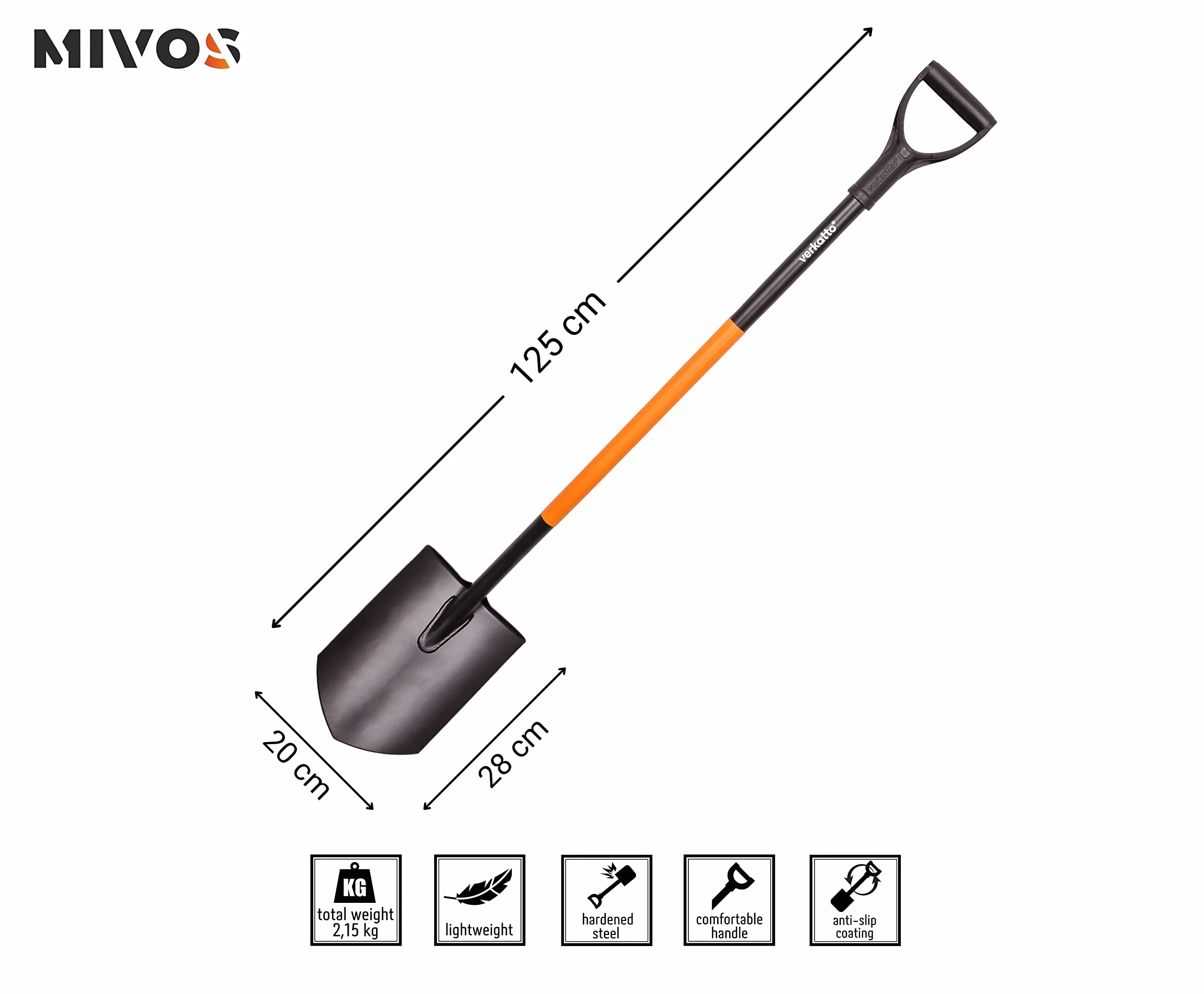 Mivos Ergonomiczna łopata ze stali węglowej – 124 cm – łopata ogrodnicza z hartowanym ostrzem i uchwytem D – do twardych podłóg kamienistych – wyprodukowano w UE