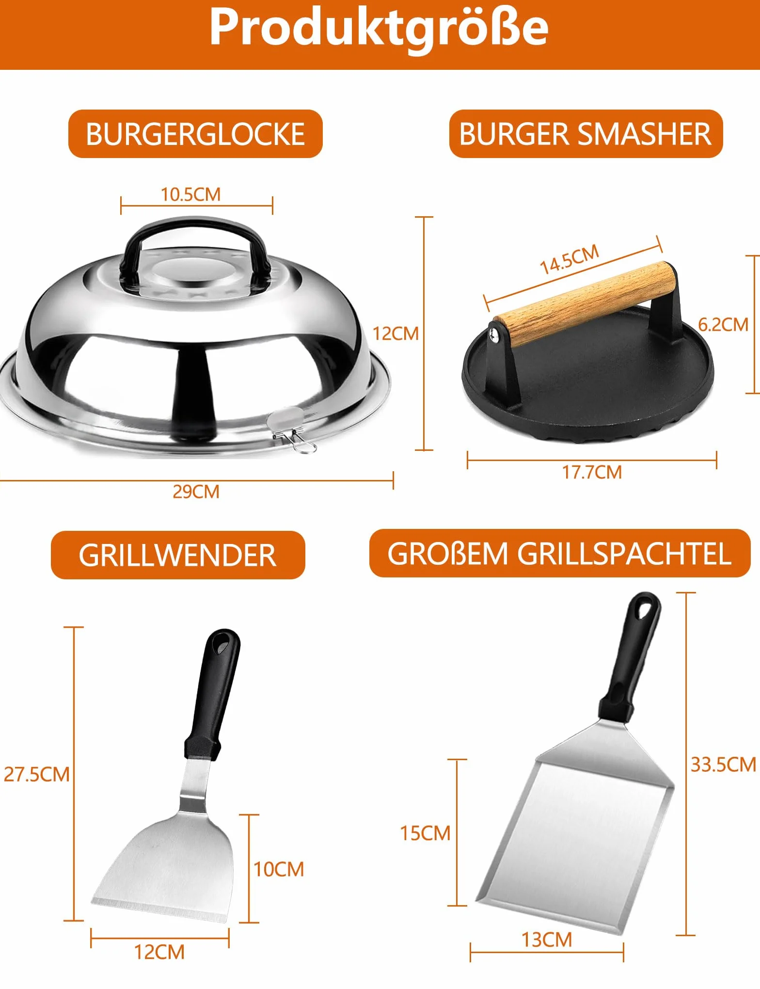 Smash Burger Set, 4-częściowy zestaw sztućców do grilla z dużą prasą do burgerów, łopatką do grilla, łopatką ze stali nierdzewnej, prezent dla mężczyzn, idealny do wszystkich planchas