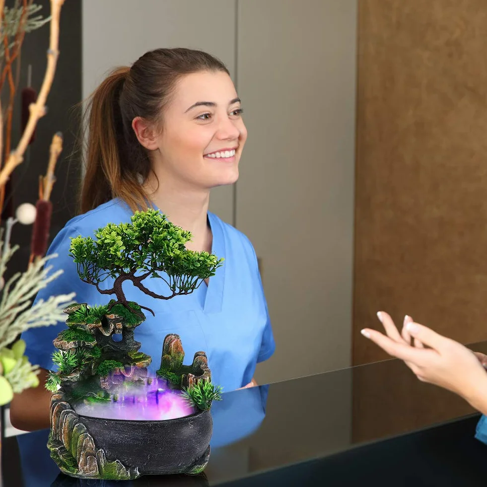 Fontanna Do Pomieszczeń Gardin Z Oświetleniem LED - Wodospad Stołowy Z Mgłą, Akwariowa Z Żywicy, Do Wnętrz Zen Light Z Roślinami