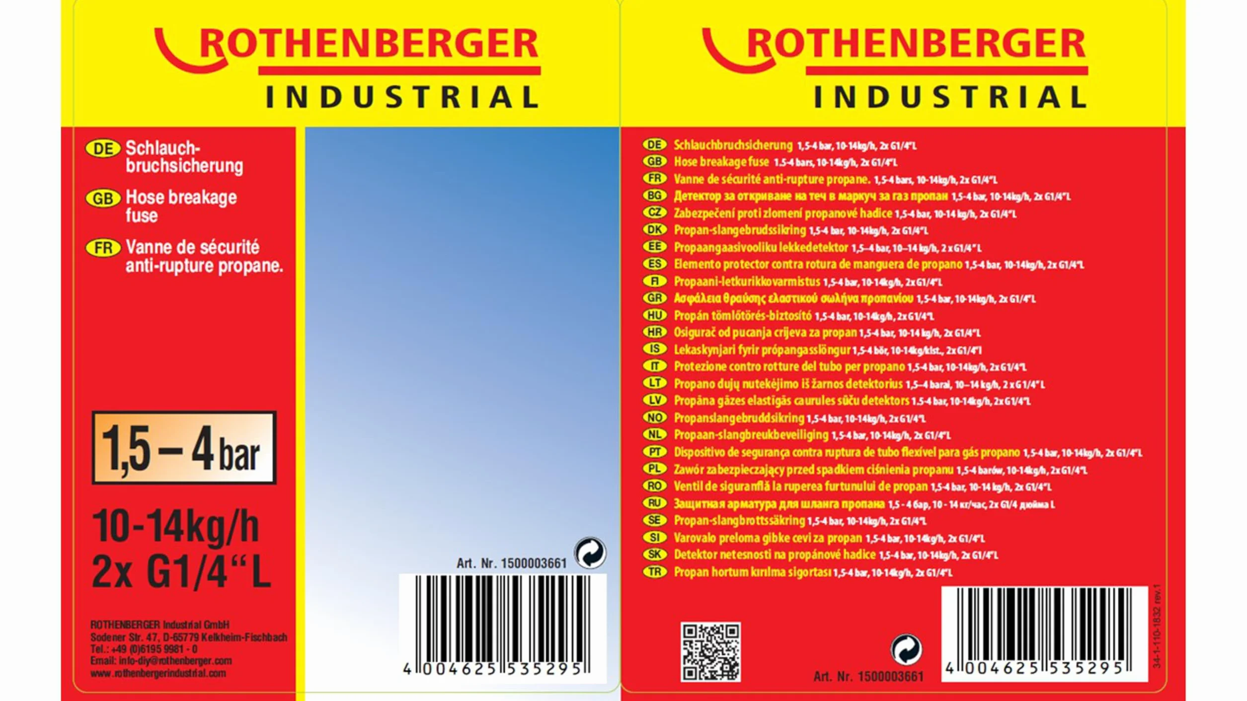 ROTHENBERGER Industrial Regulator bezpieczeństwa zabezpieczenie pękniętego węża 50 mbar, przyłącze 2 x G 1/4" L, 1,5 kg/h