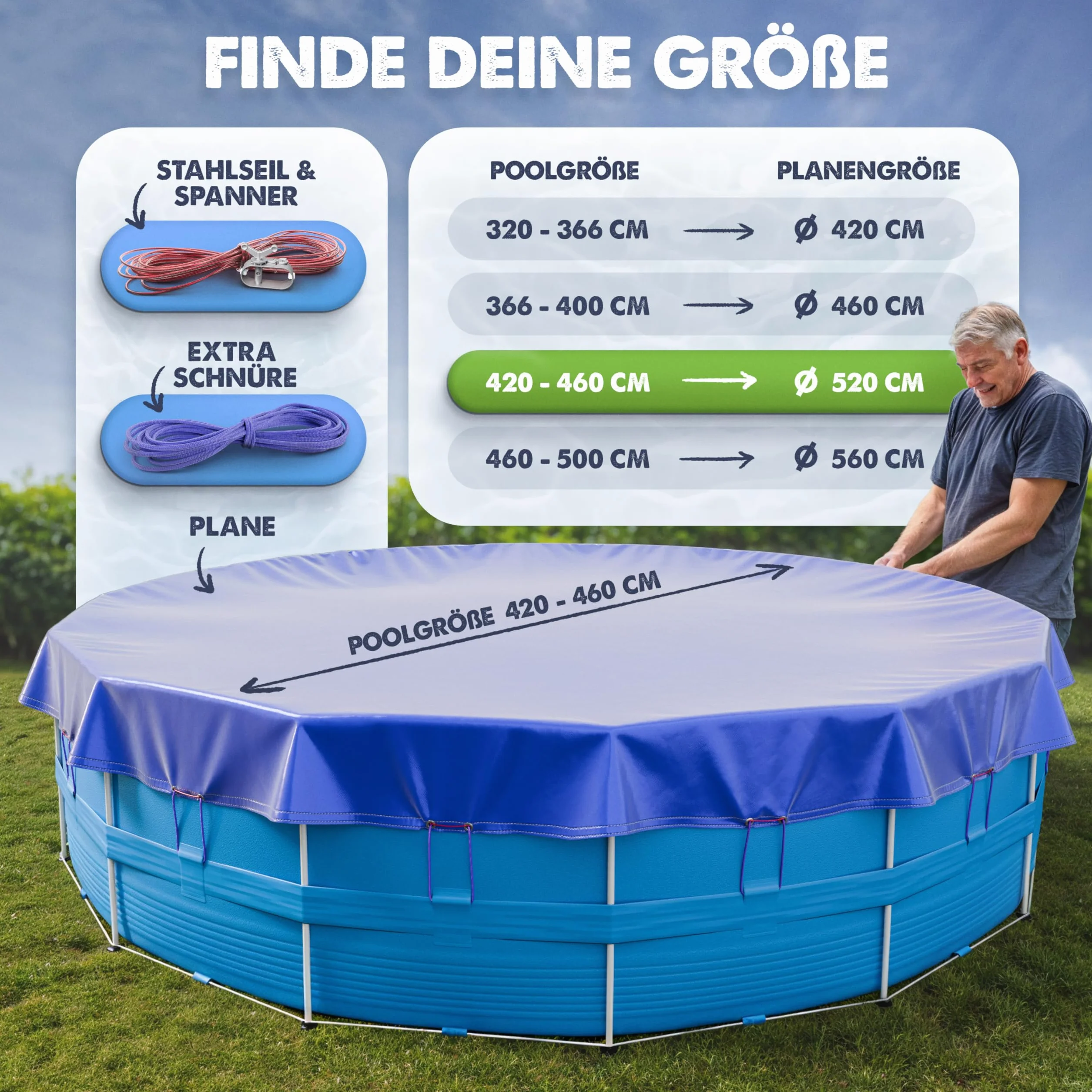 LAINFELD Okrągła osłona basenu, Ø 520 cm, łącznie z materiałem mocującym, plandeka na basen z grubego materiału o gramaturze 200 g/m², pasuje do basenu Intex Bestway