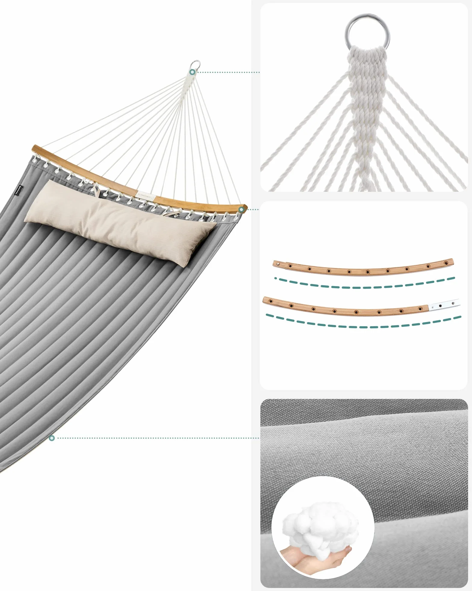 SONGMICS hamak dla 2 osób, wyściełany, pikowany, z podzielnymi giętymi bambusowymi kijami, z poduszkami, tkanina Oxford, 200 x 140 cm, nośność do 225 kg, szaro-beżowy GDC34CG