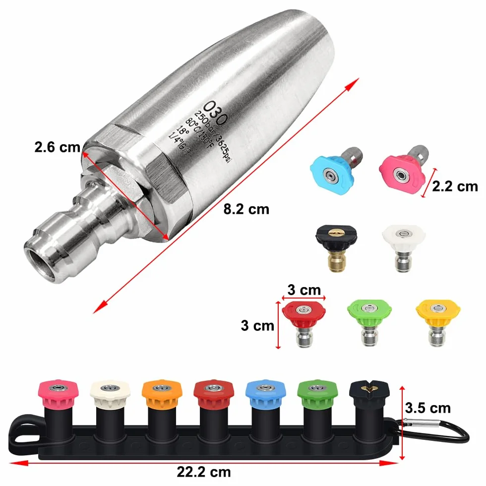 Dysza turbo ze stali nierdzewnej 3600 PSI do myjki ciśnieniowej, obracająca się o 360° dysza myjki ciśnieniowej z szybkozłączką 1/10.2 cm, 7 końcówek dysz z uchwytem na dyszę, ciepła i zimna